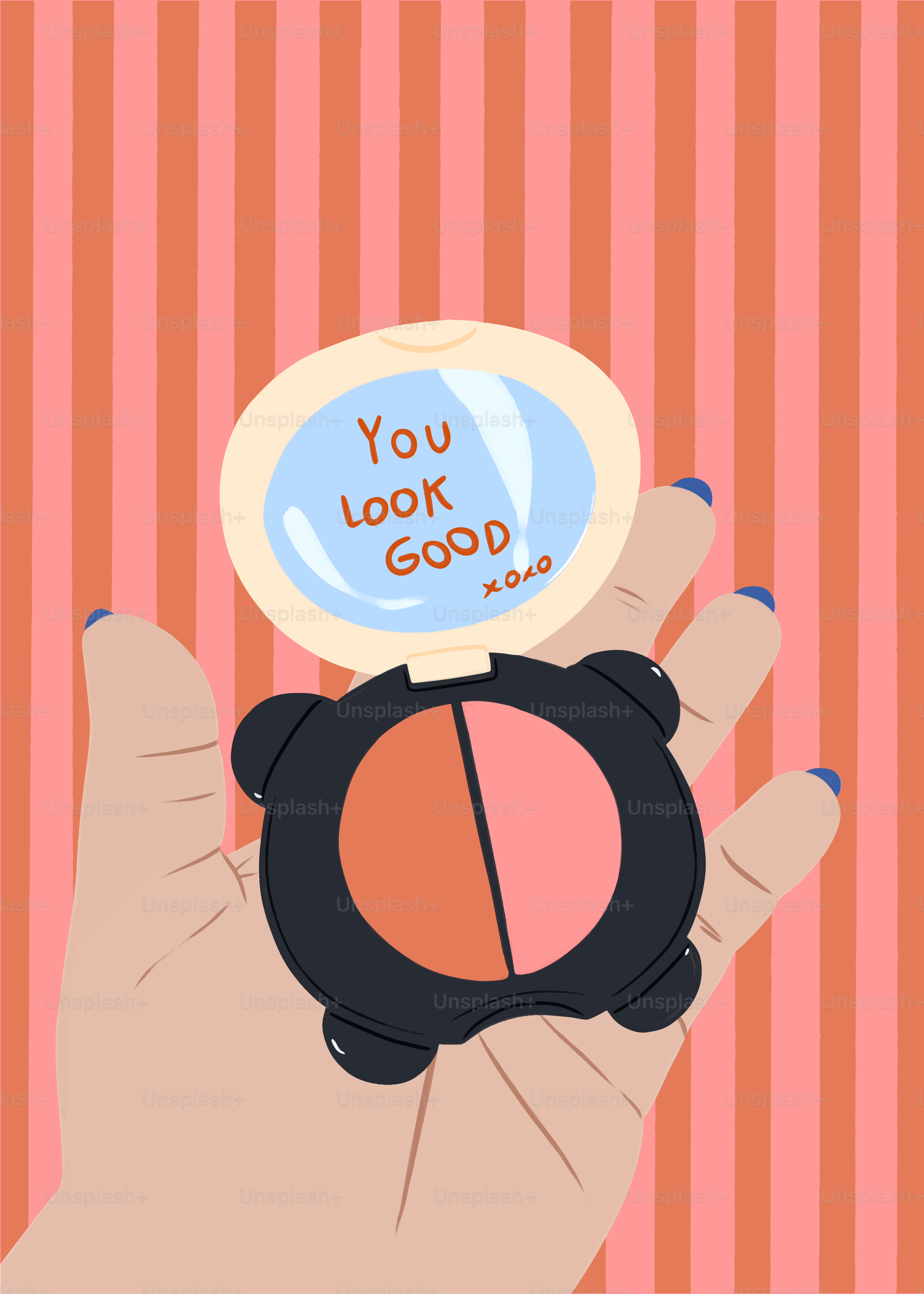 A hand holding a compact mirror that says you look good