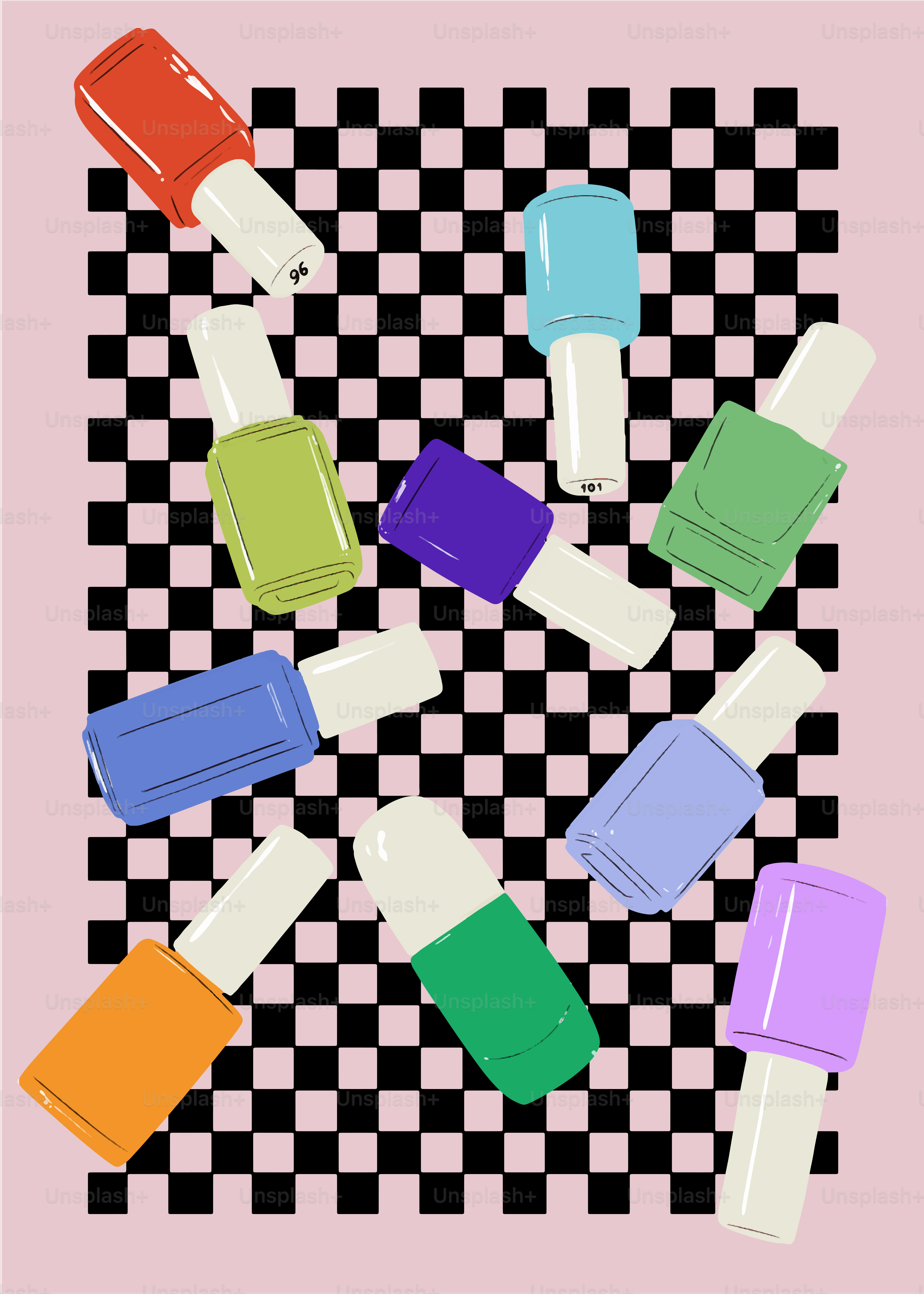 A picture of a checkerboard pattern with bottles of nail polish