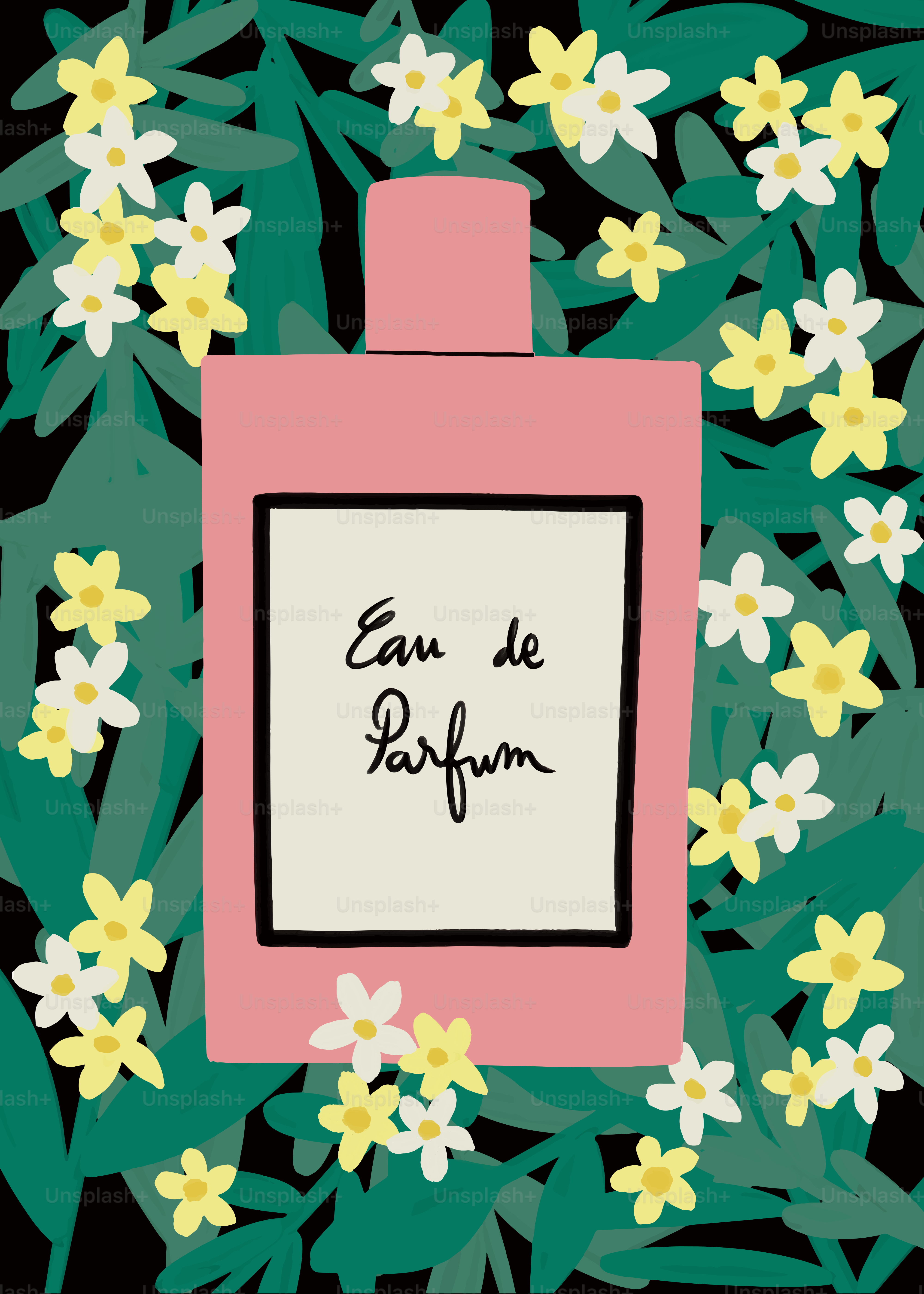 A bottle of perfume surrounded by flowers