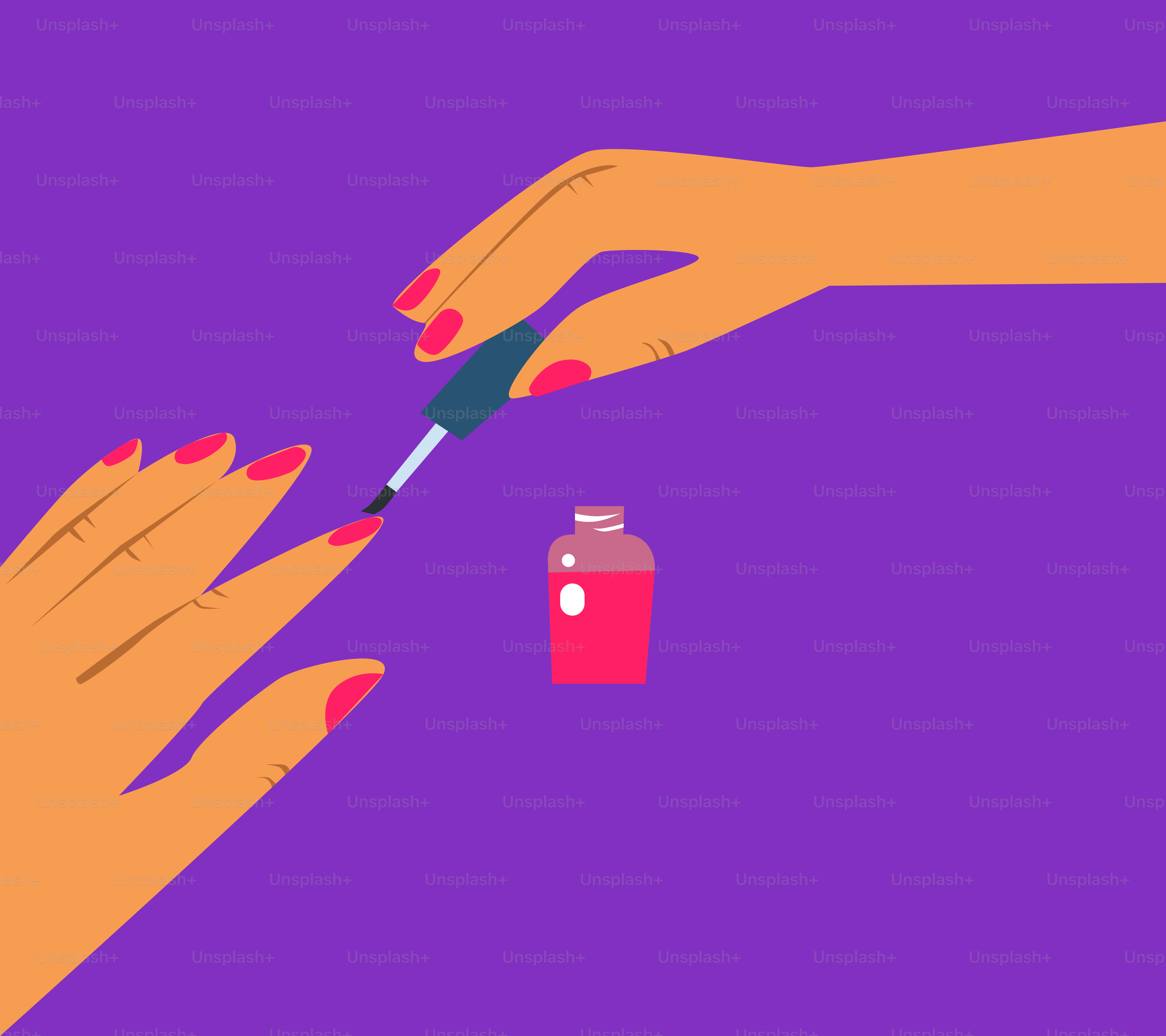 Two hands with manicures and a bottle of nail polish