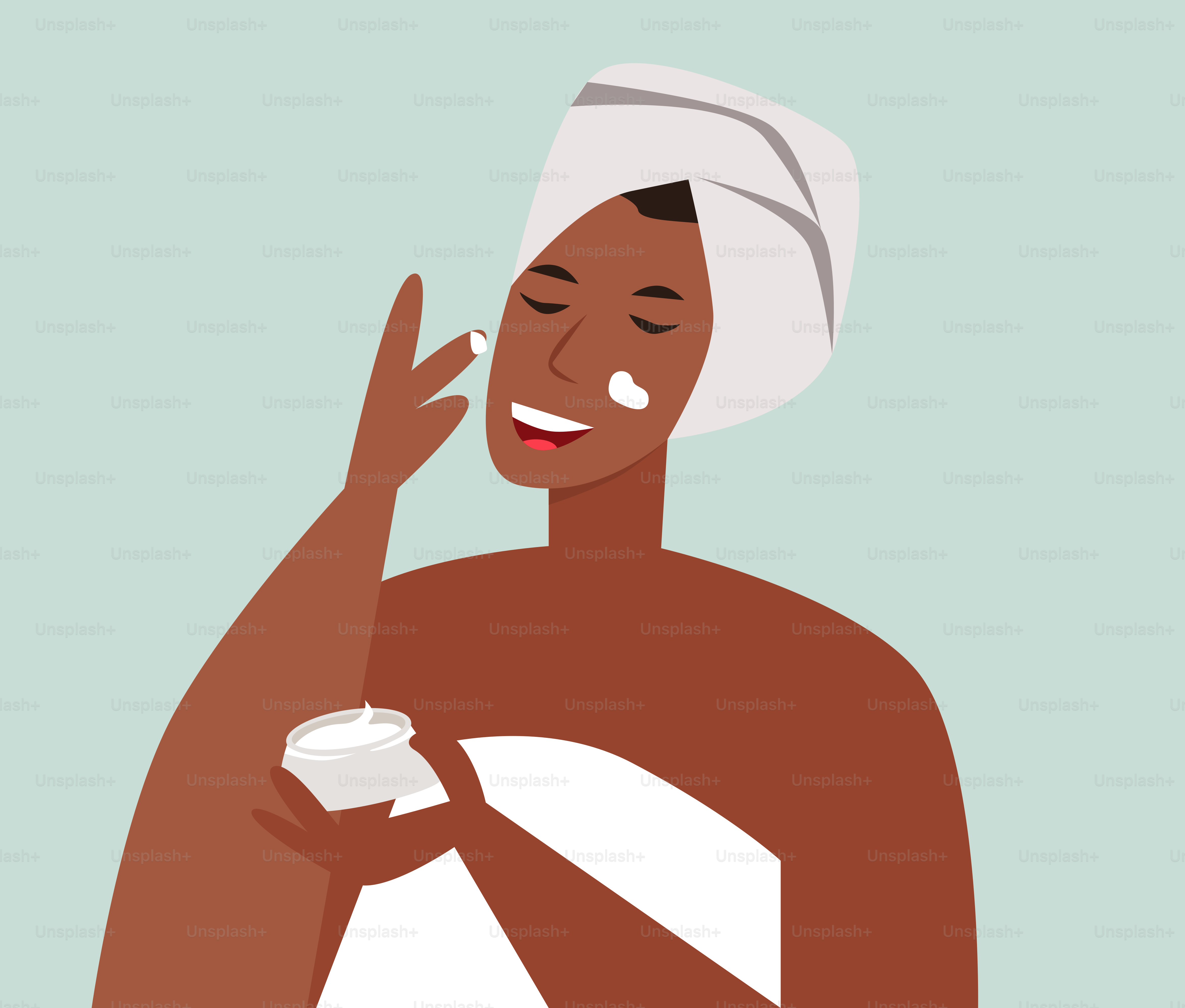 A woman with a towel on her head and a bottle of lotion in her