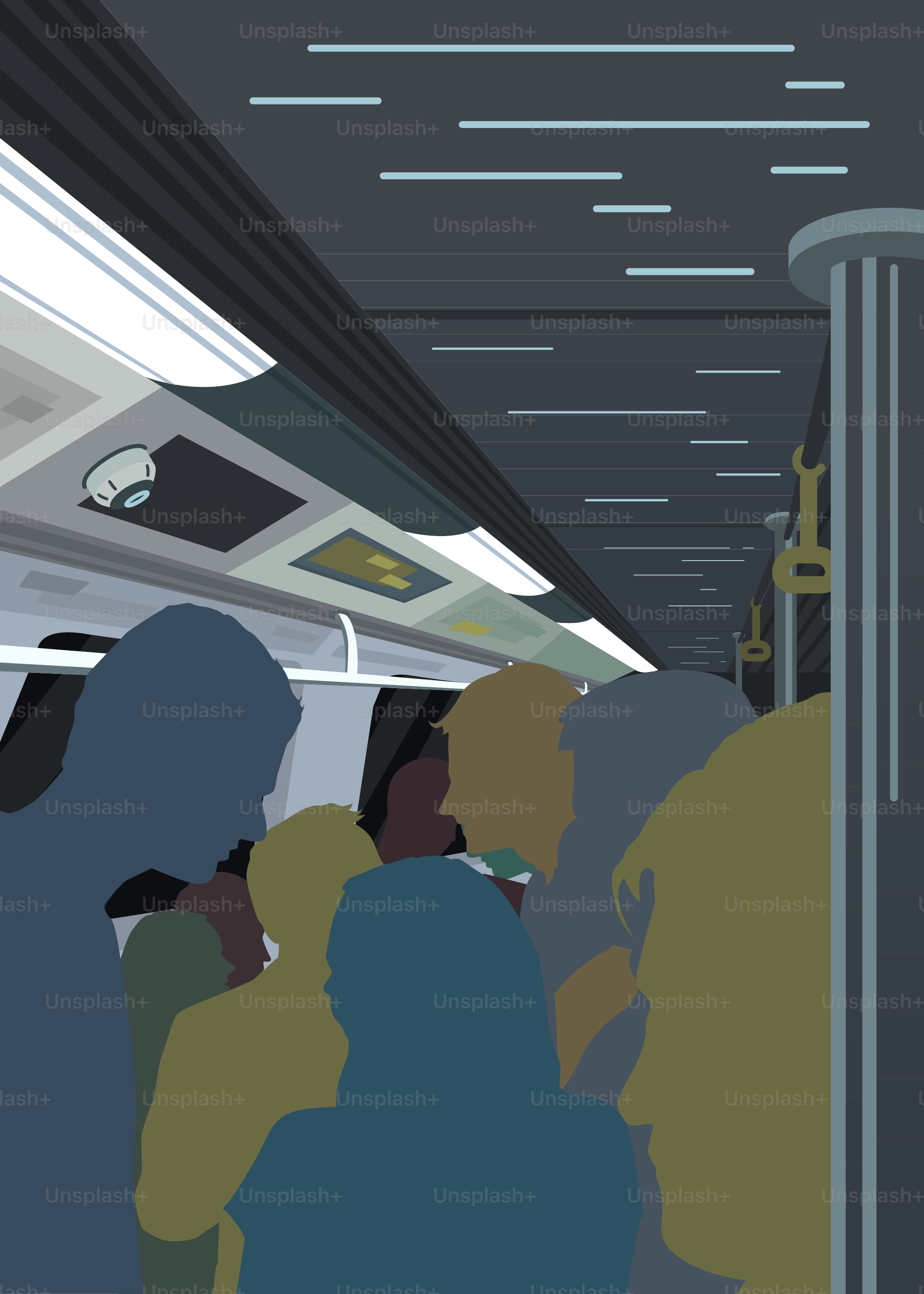 Um grupo de pessoas viajando em um trem do metrô