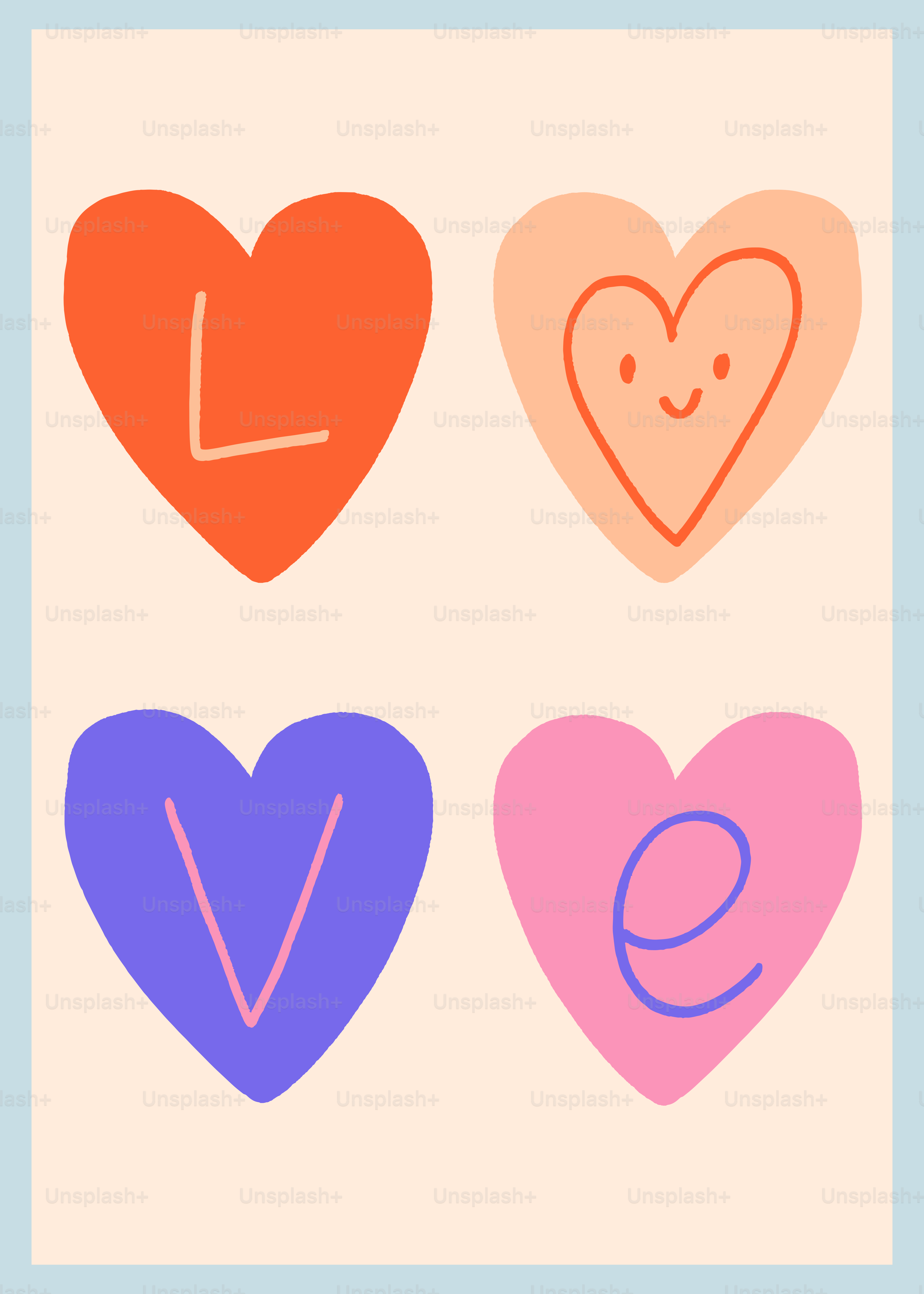 中央に文字Vが入った4つのハートのセット