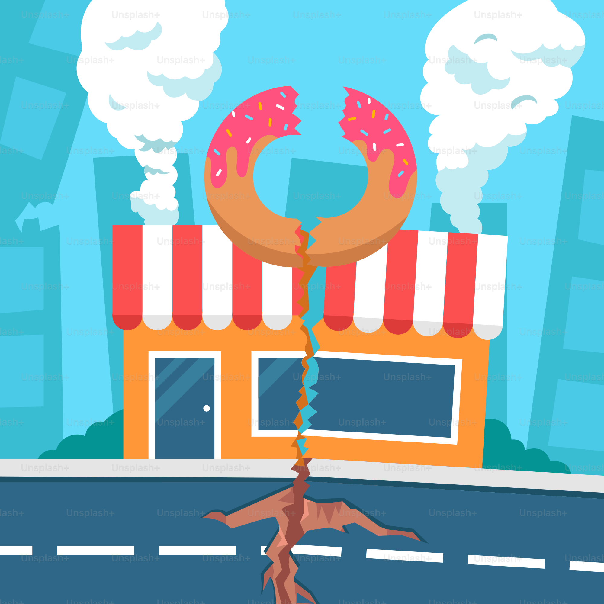 A street scene with a donut shop and a snake