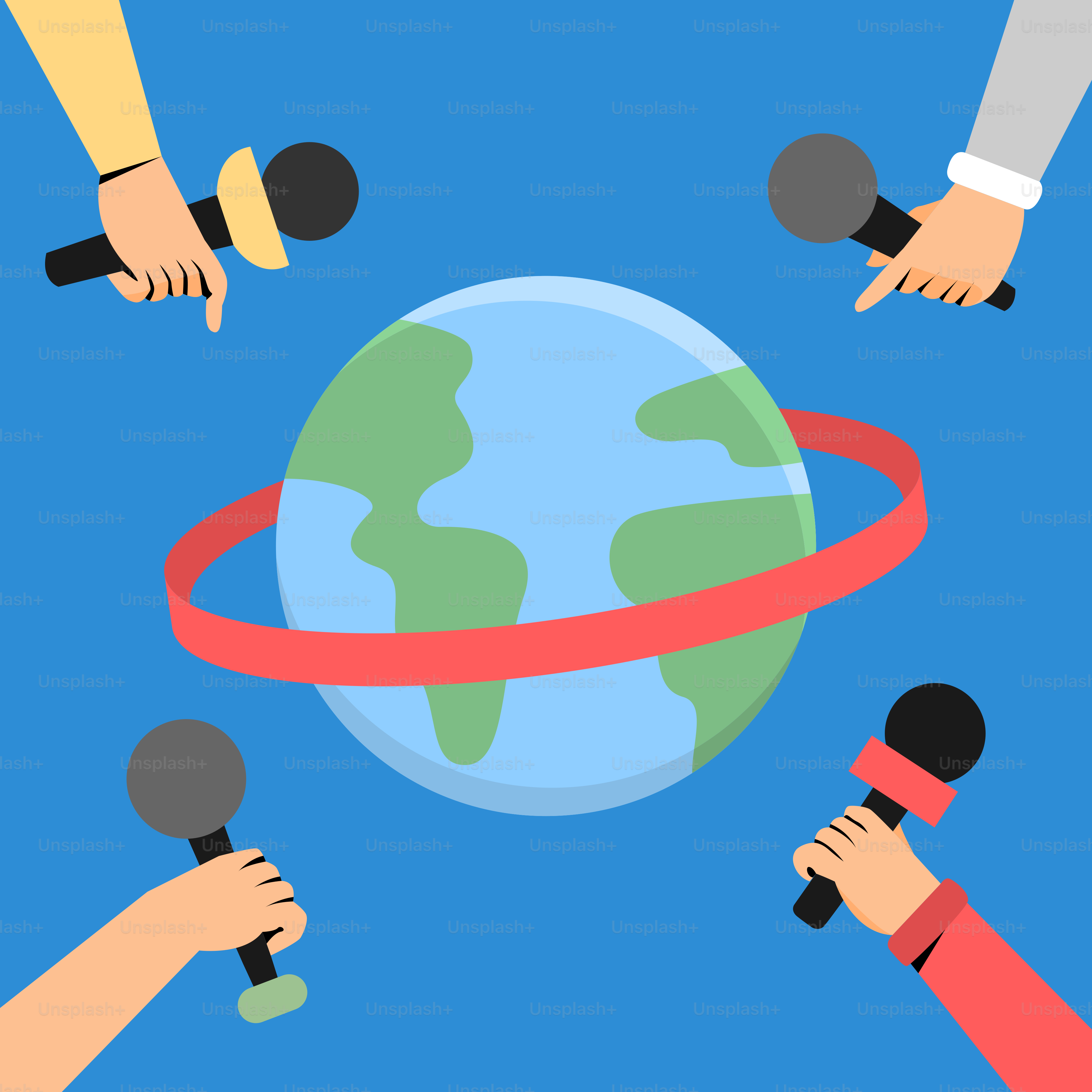 Eine Gruppe von Menschen, die Mikrofone vor einem Globus halten