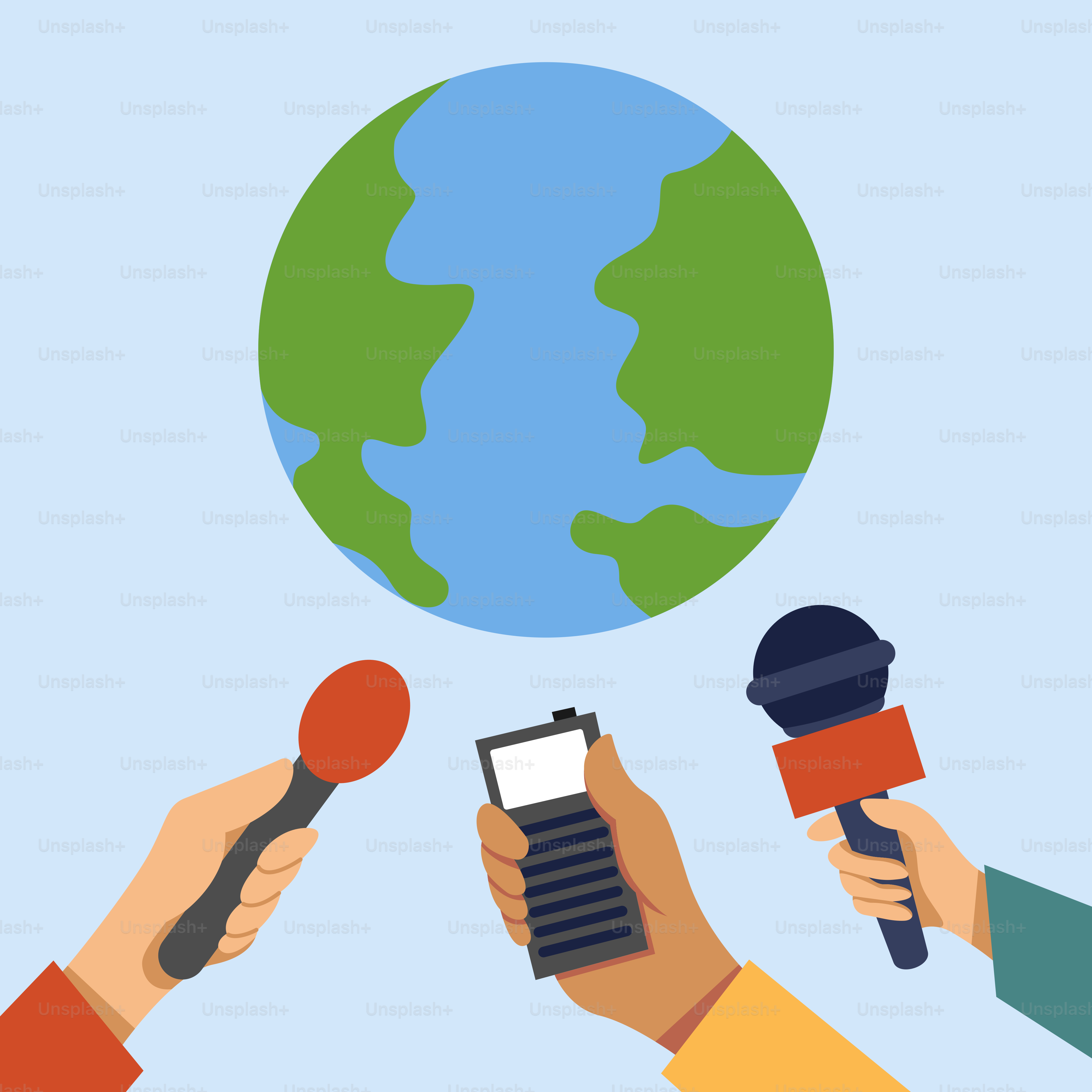 Un grupo de personas sosteniendo micrófonos frente a un globo terráqueo