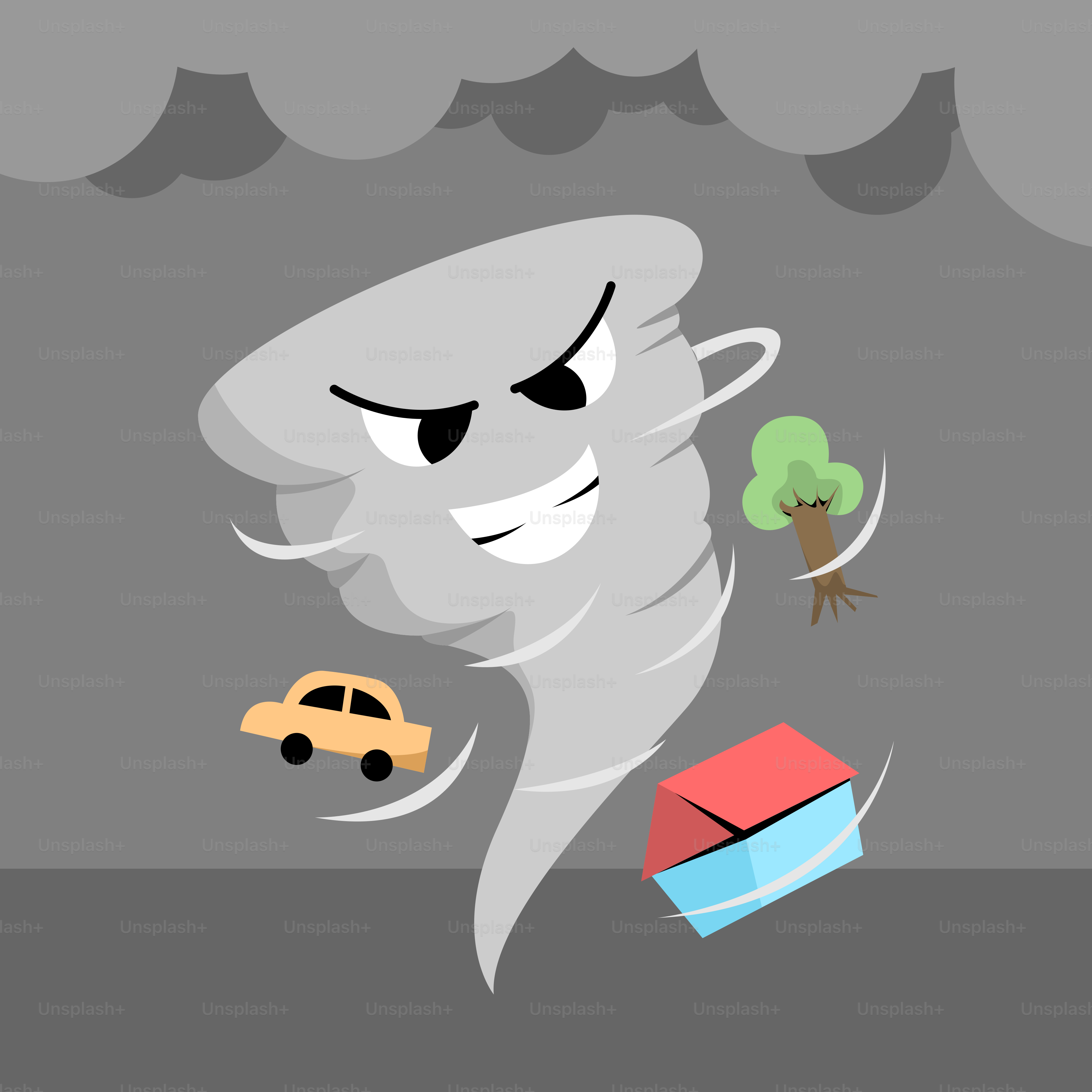 A cartoon of a tornado hitting a car