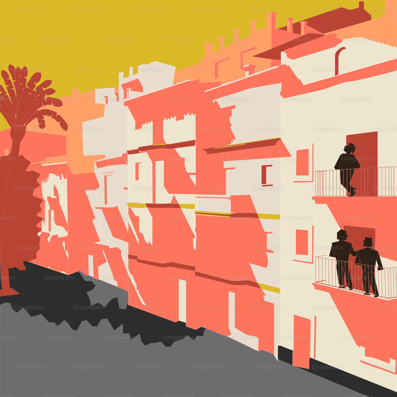 A painting of people standing on a balcony