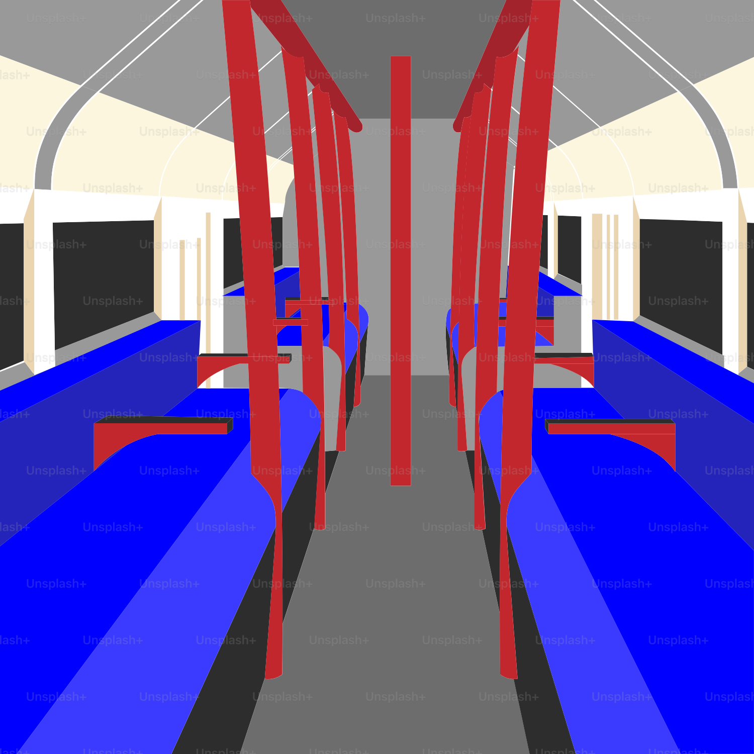 Une photo d’un train avec des sièges rouges et bleus