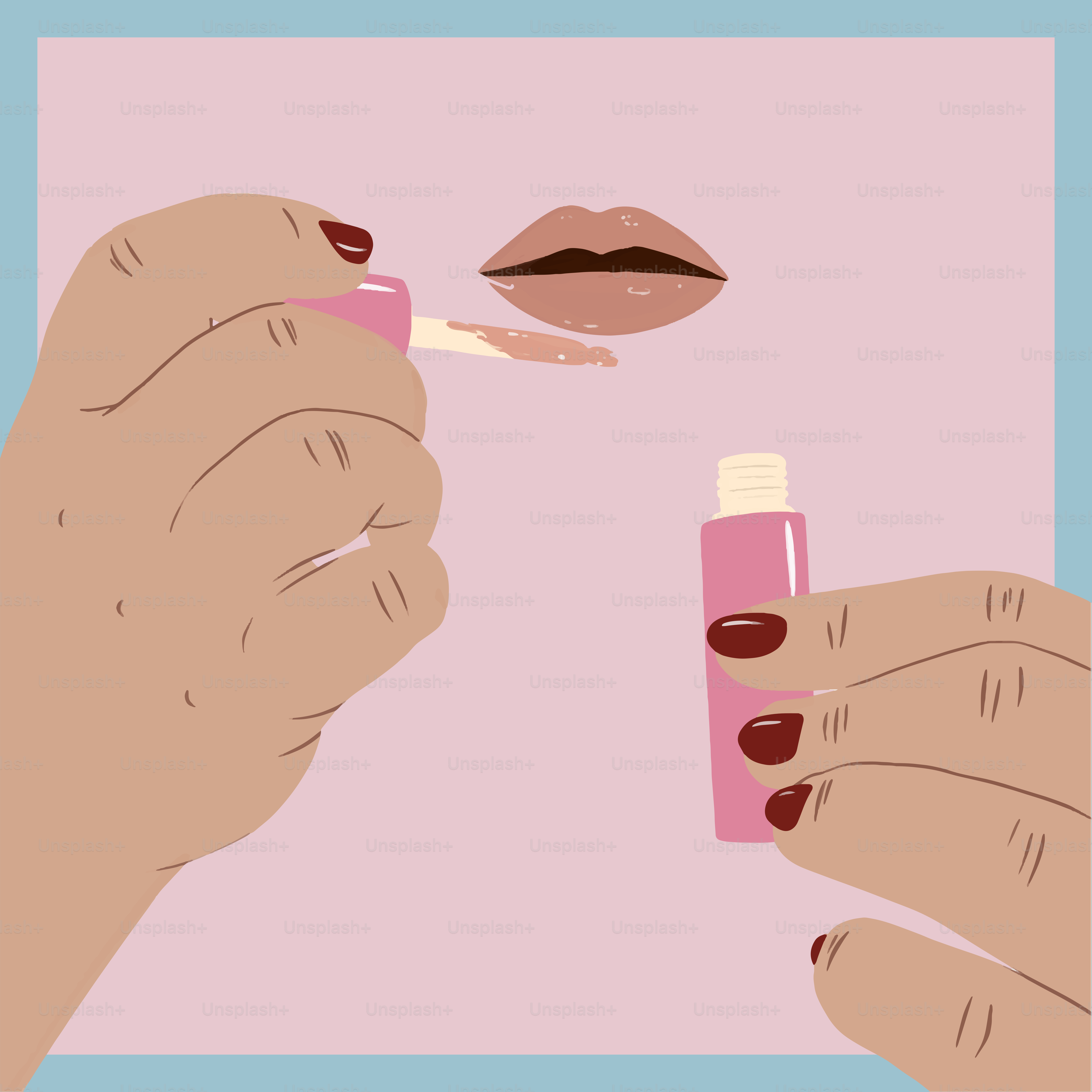 A woman's hands holding a bottle of lipstick and a lip balm