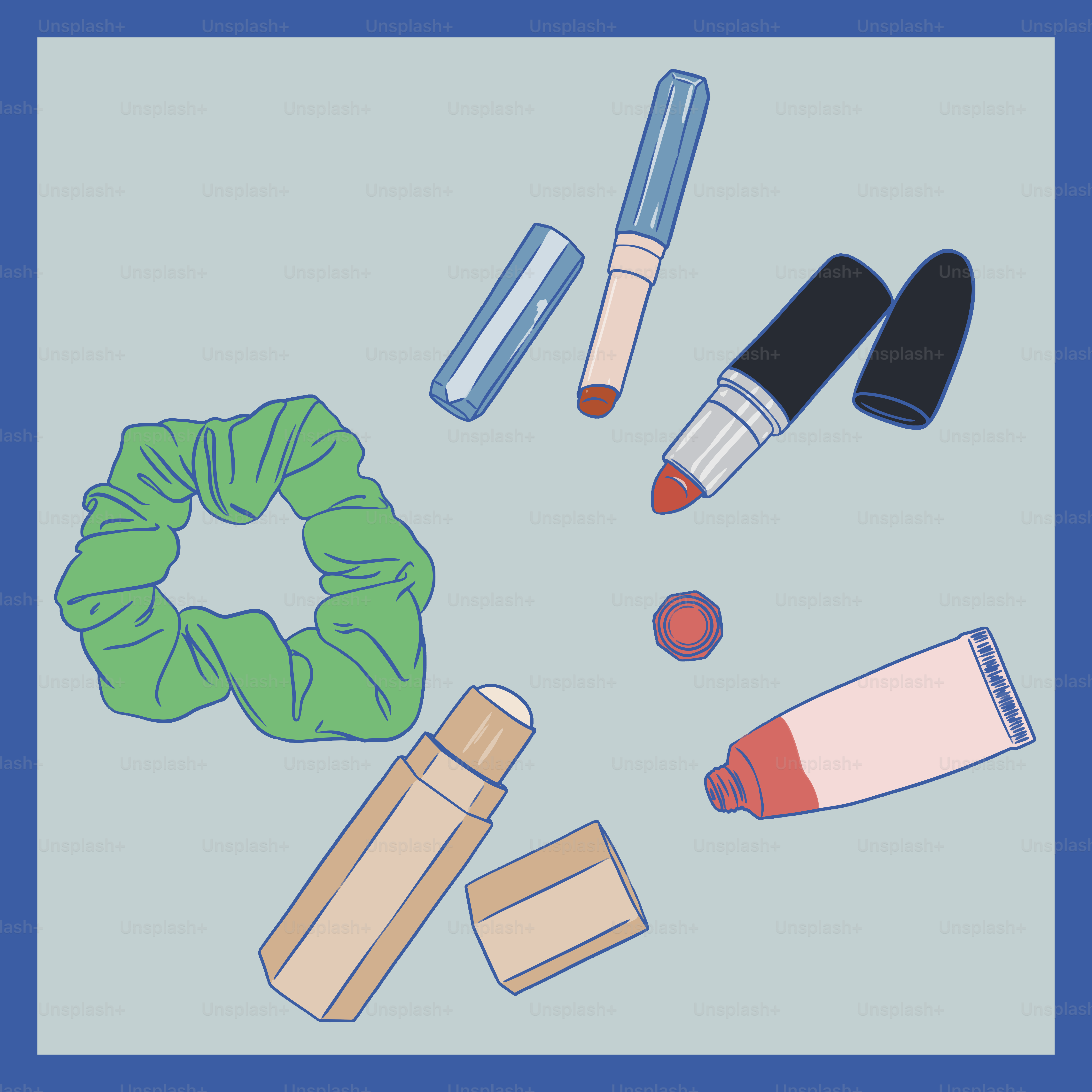 A blue square with a picture of various items on it