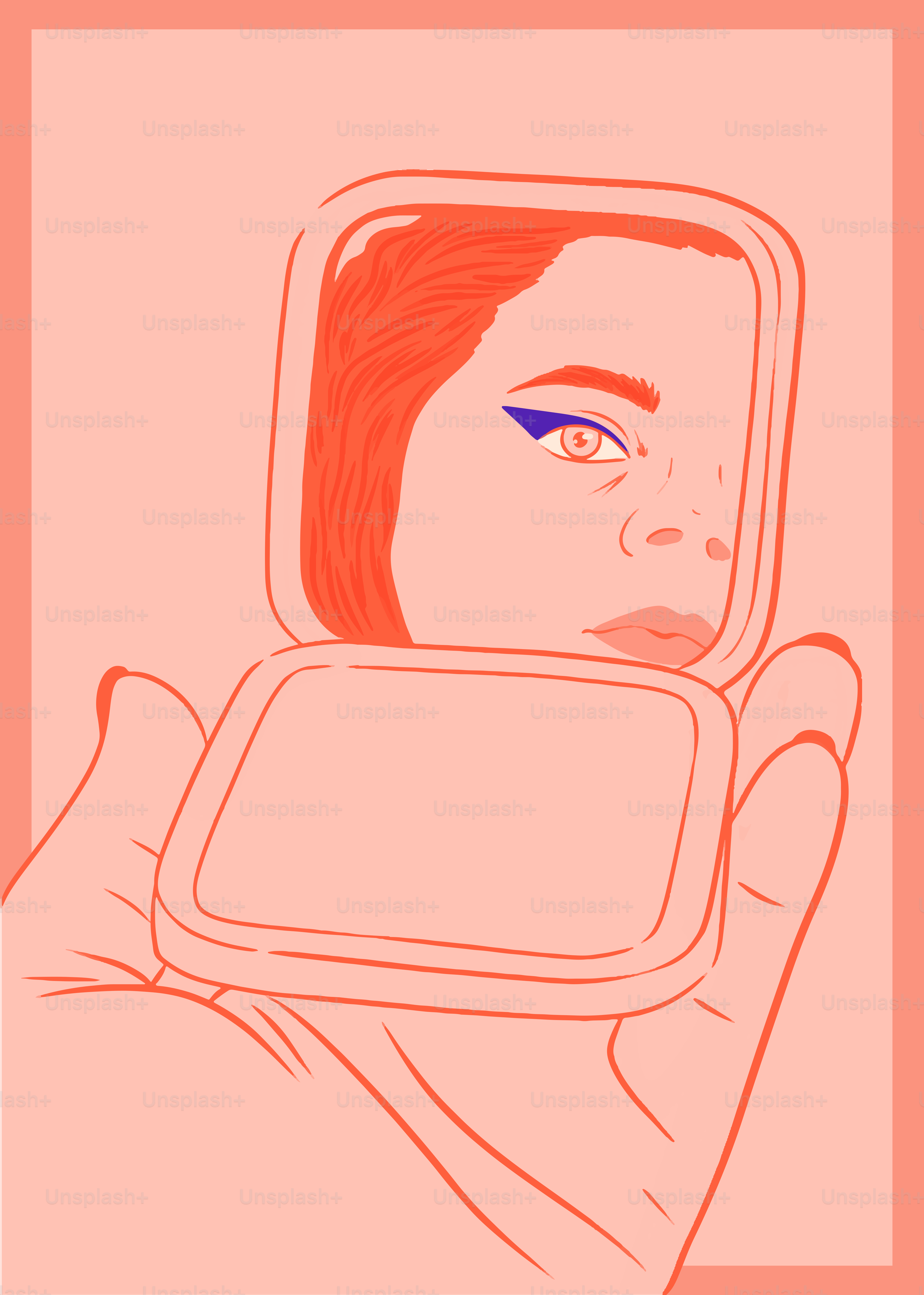 A drawing of a woman holding a mirror in her hand