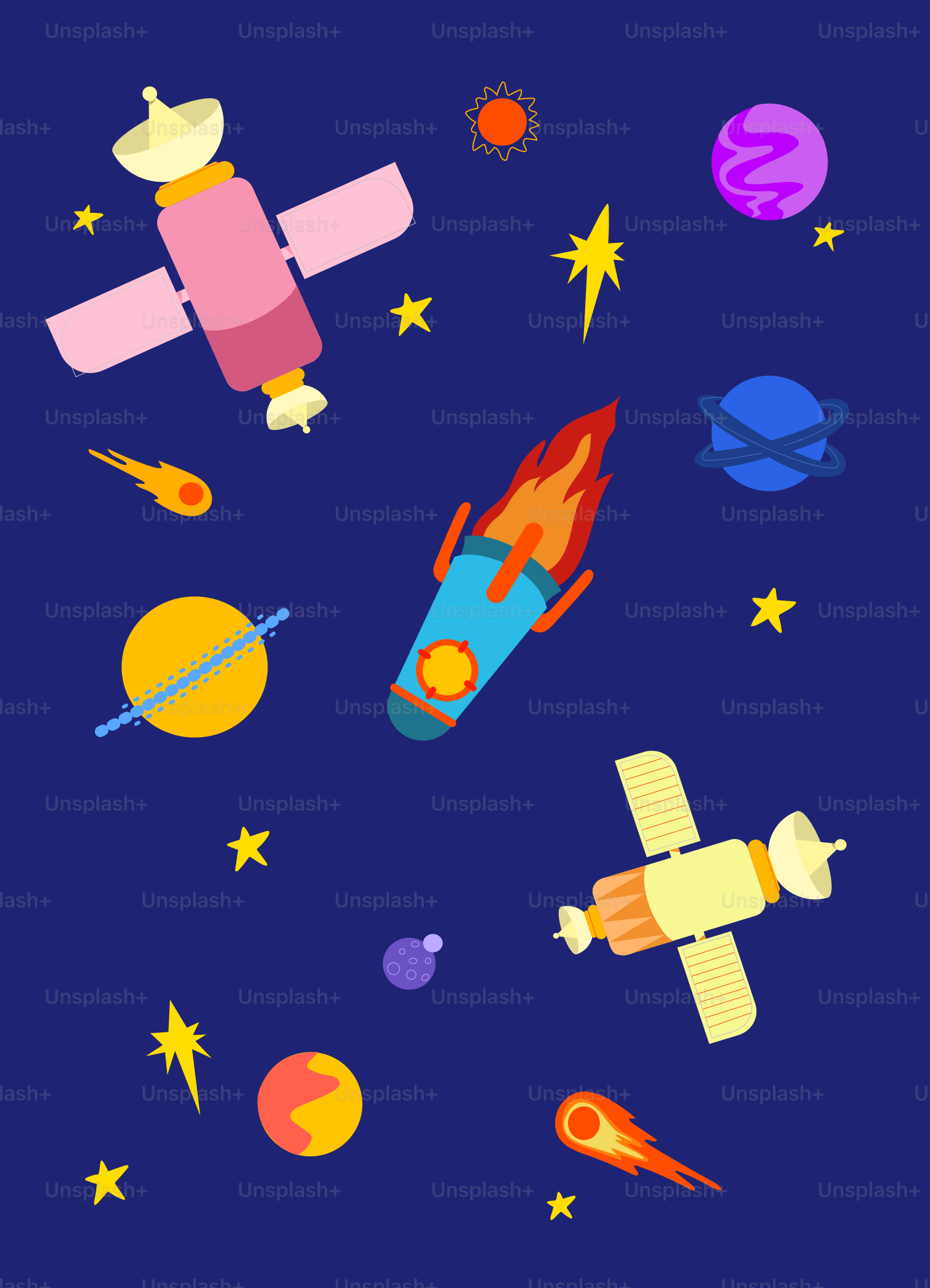 Un fondo azul con una nave espacial, estrellas y planetas