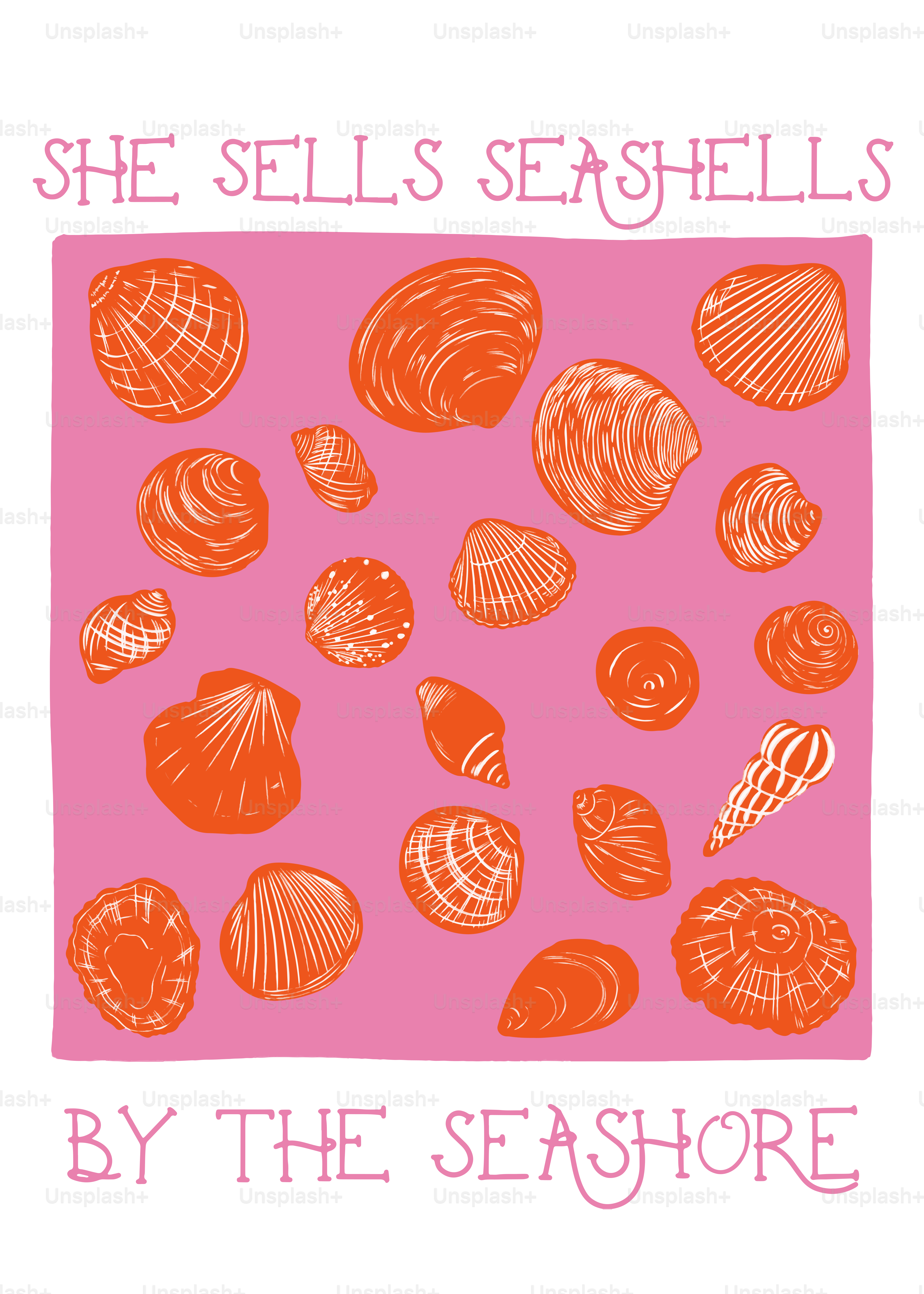 A pink and red picture of seashells on a pink background