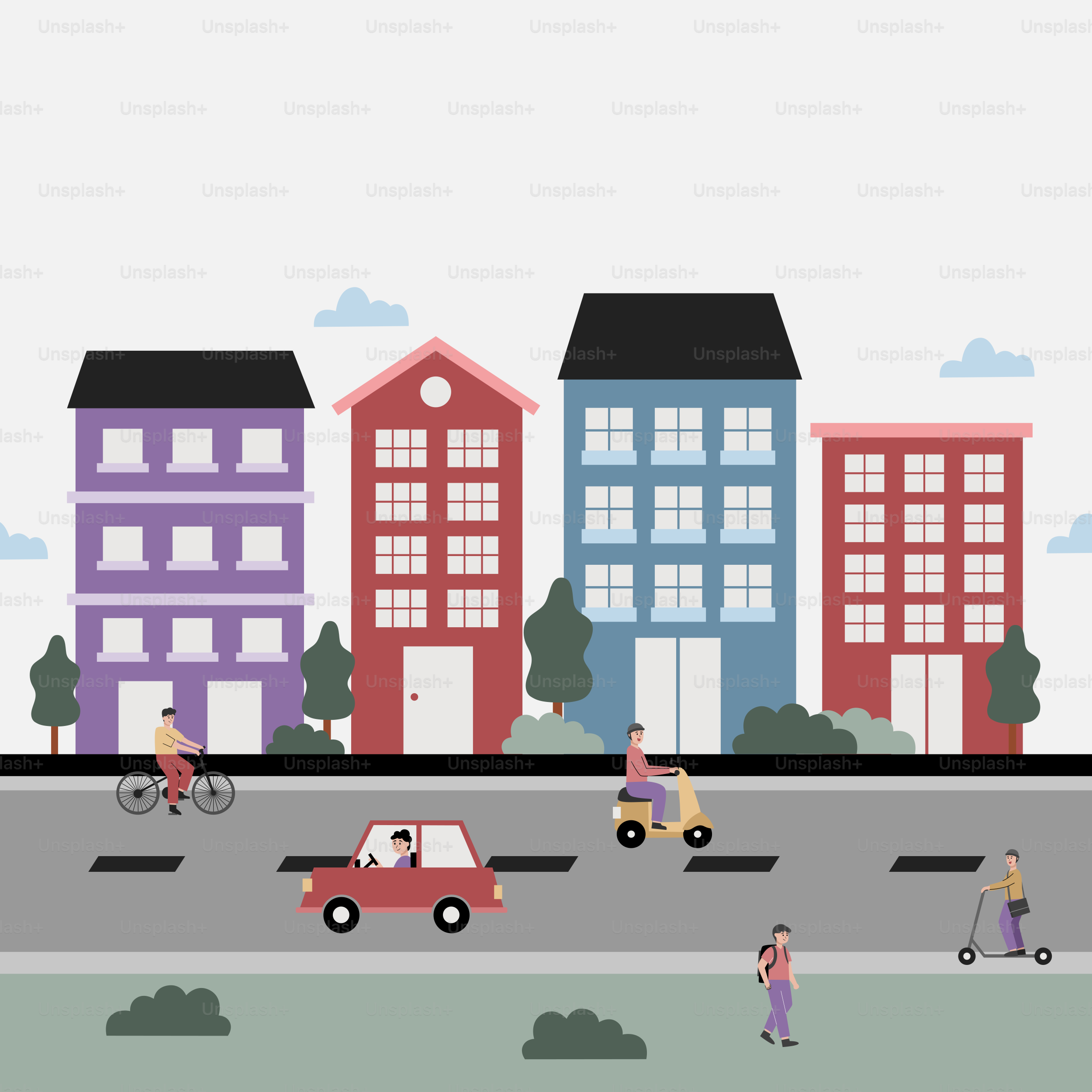 A group of people walking down a street next to tall buildings