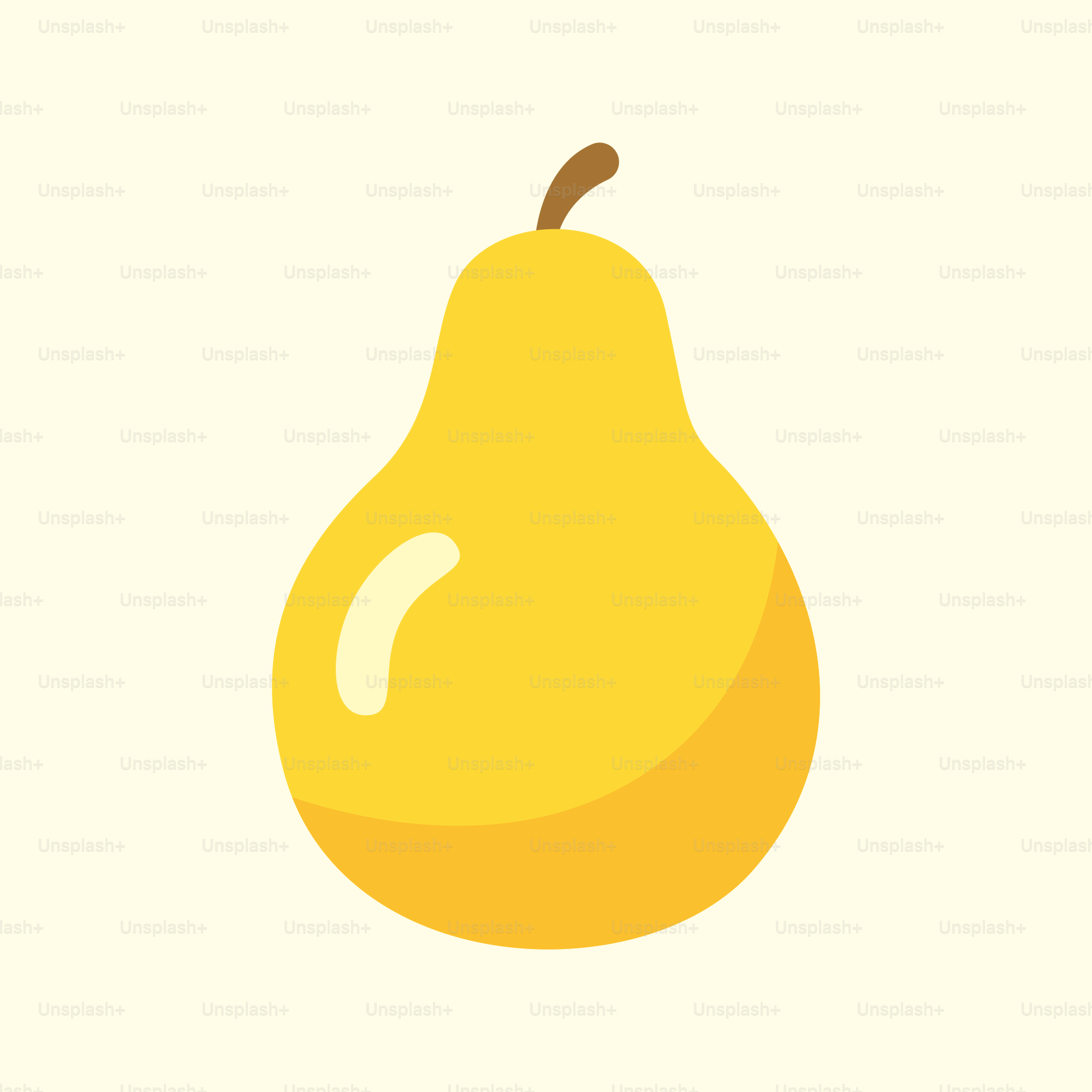 A yellow pear with a brown stem on a white background