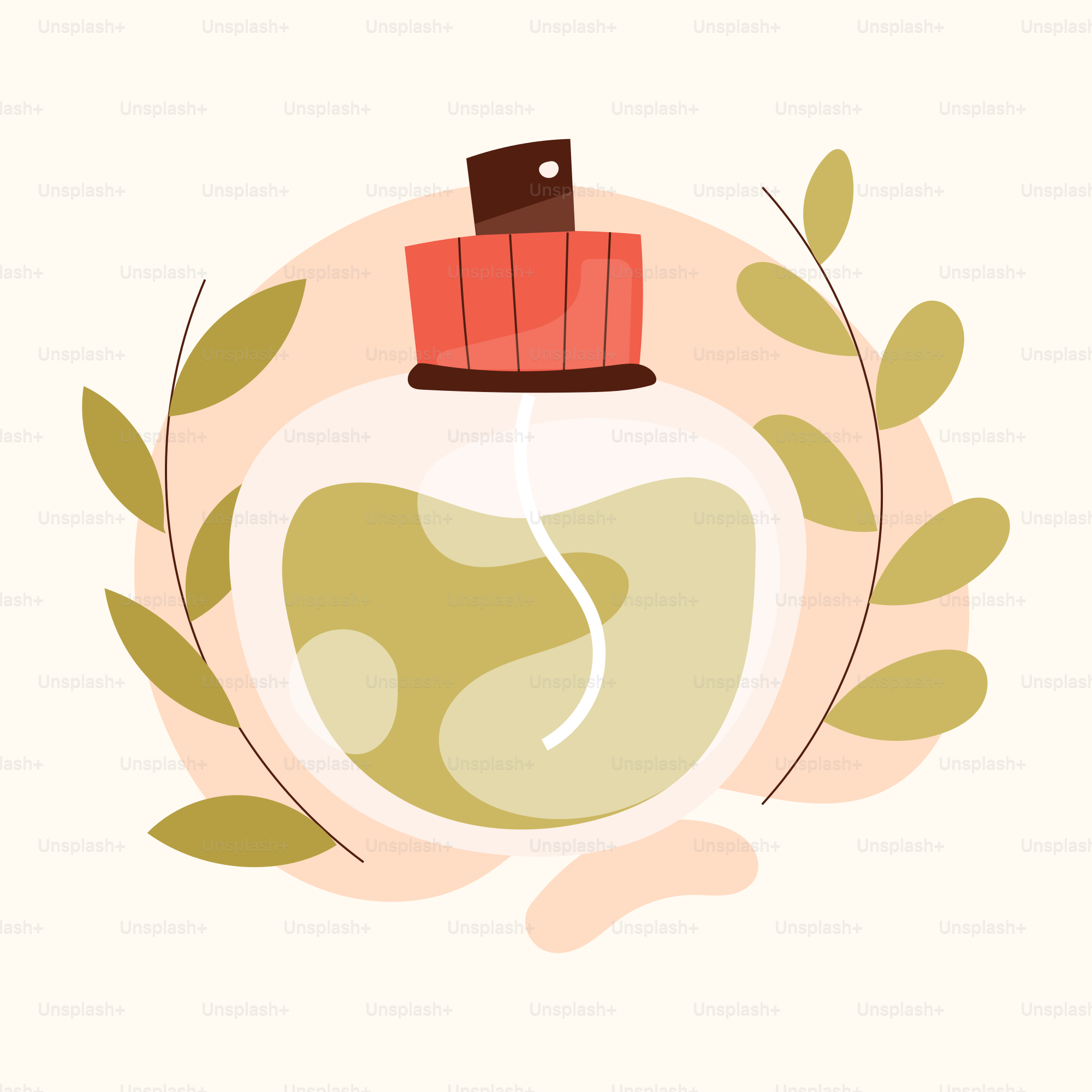 A bottle with a red cap and a green leaf around it