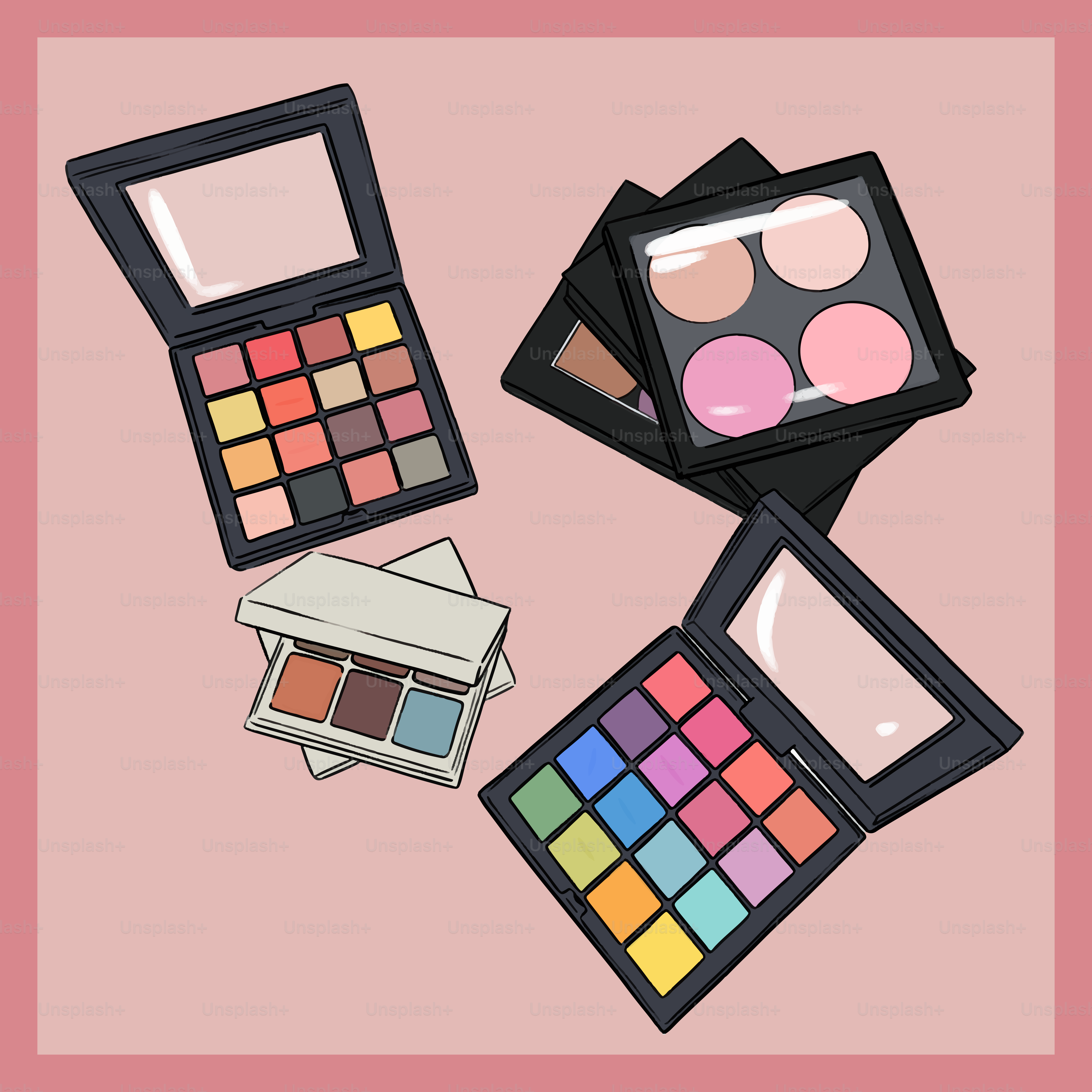 Um fundo rosa com uma imagem de vários produtos de maquiagem