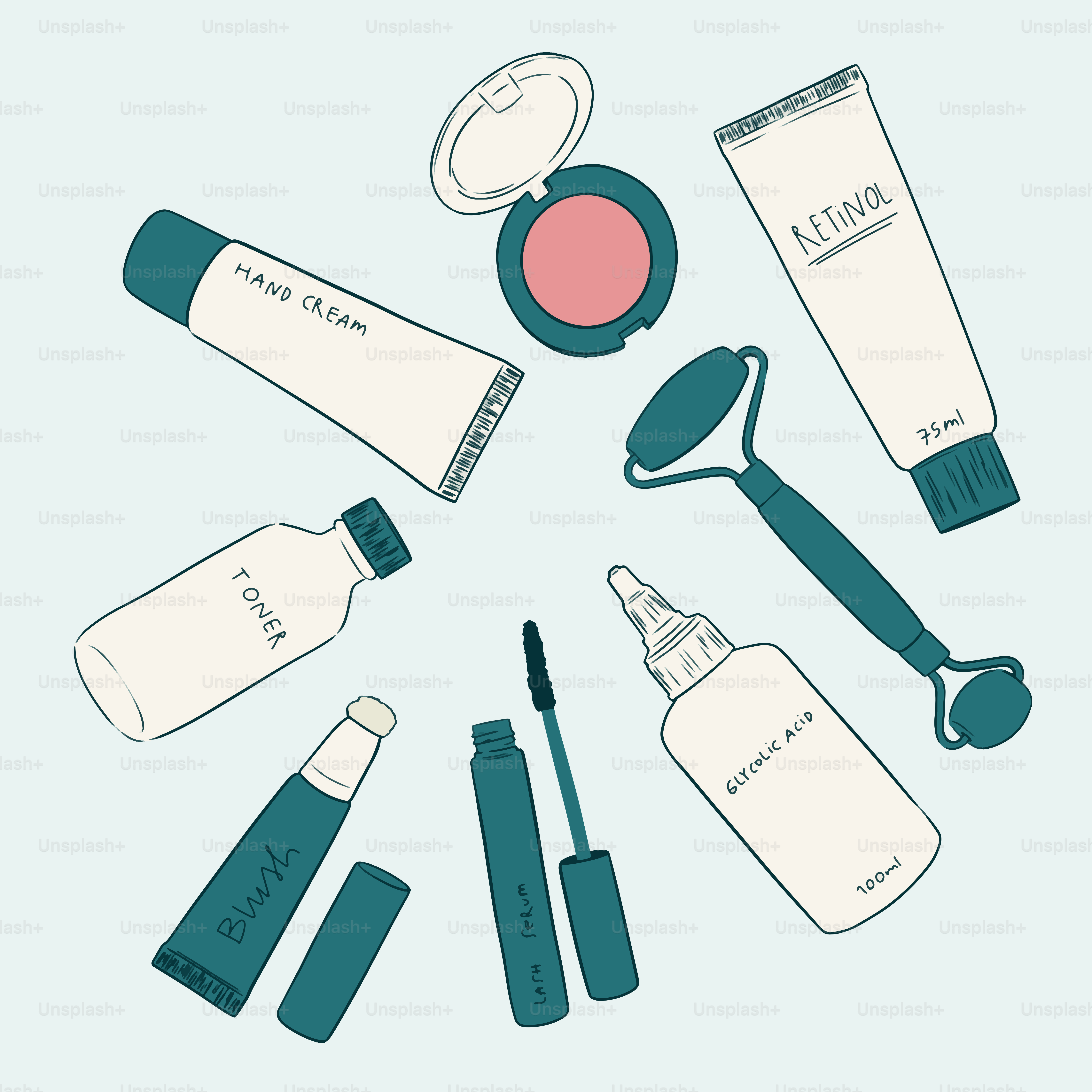 A collection of cosmetics and makeup products arranged in a circle