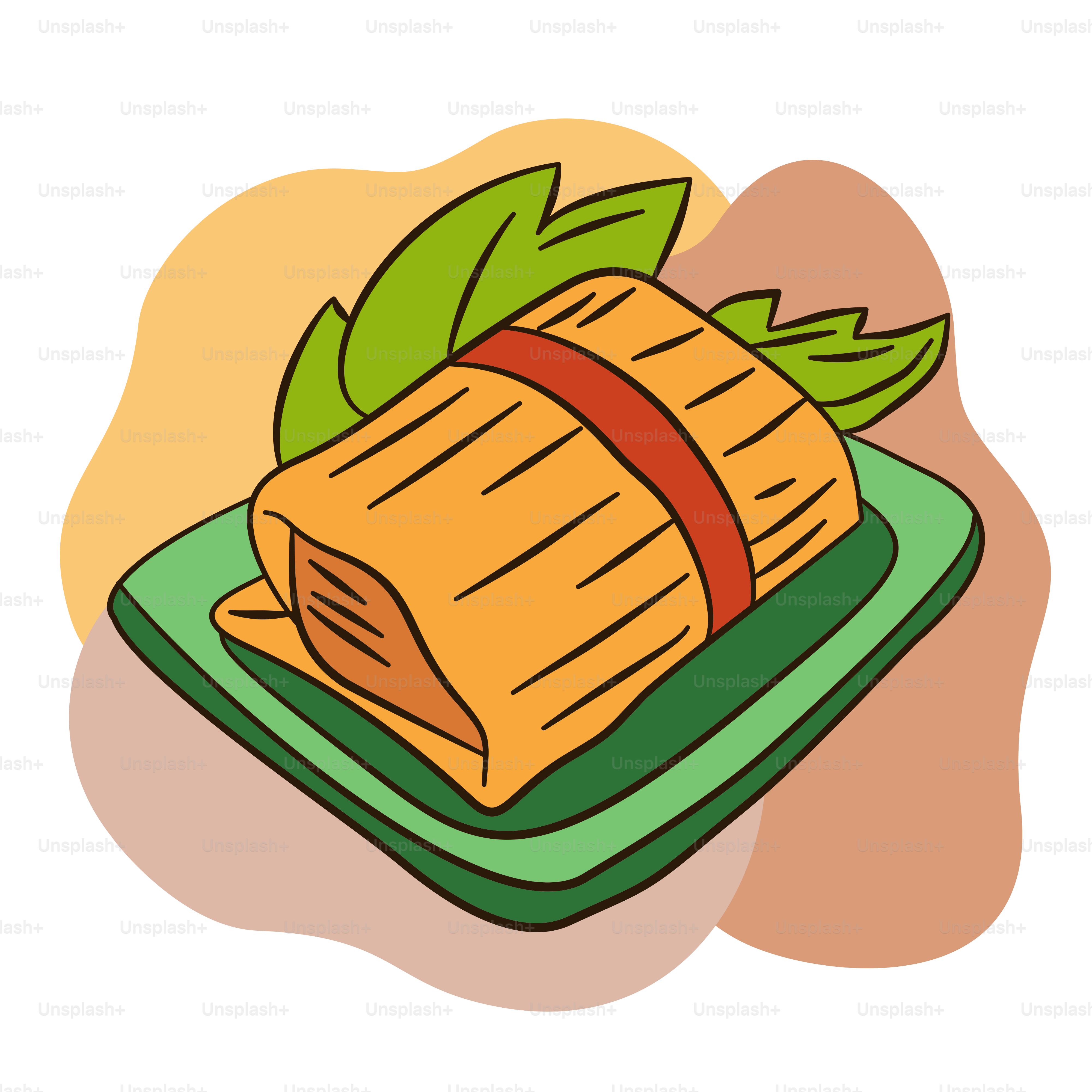 A plate of food with a leaf on top of it