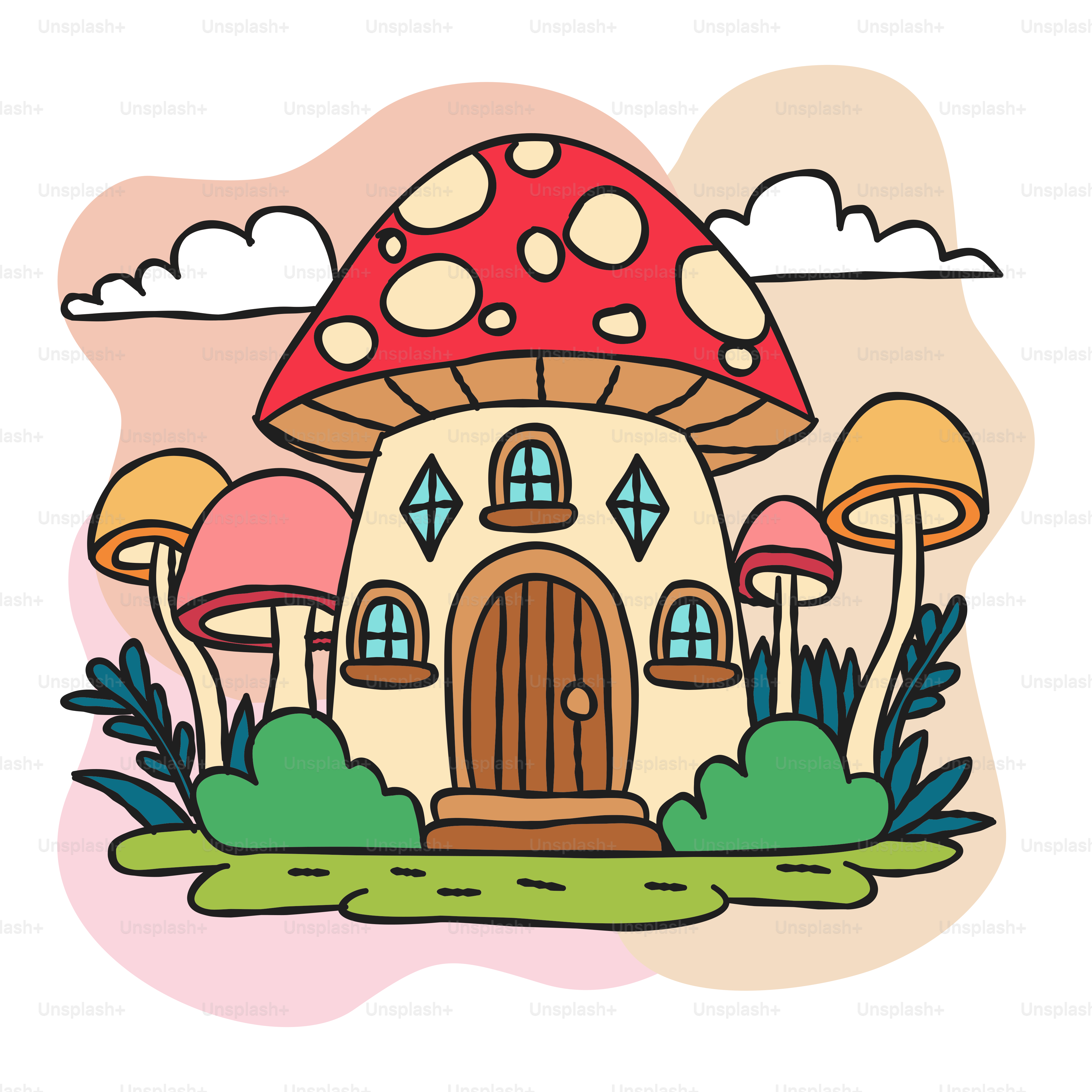 A mushroom house with trees and clouds in the background