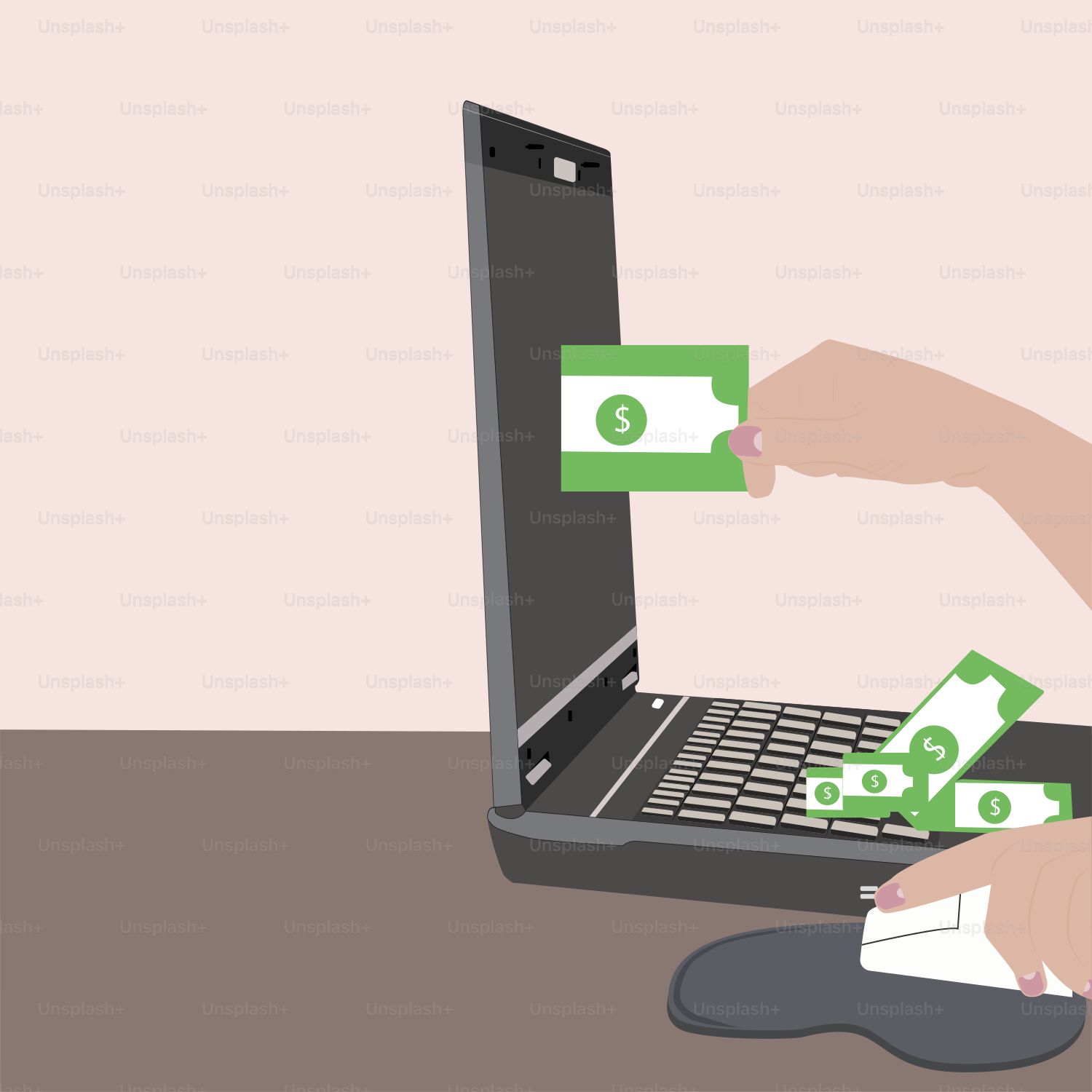 A person sitting at a desk with money coming out of a laptop