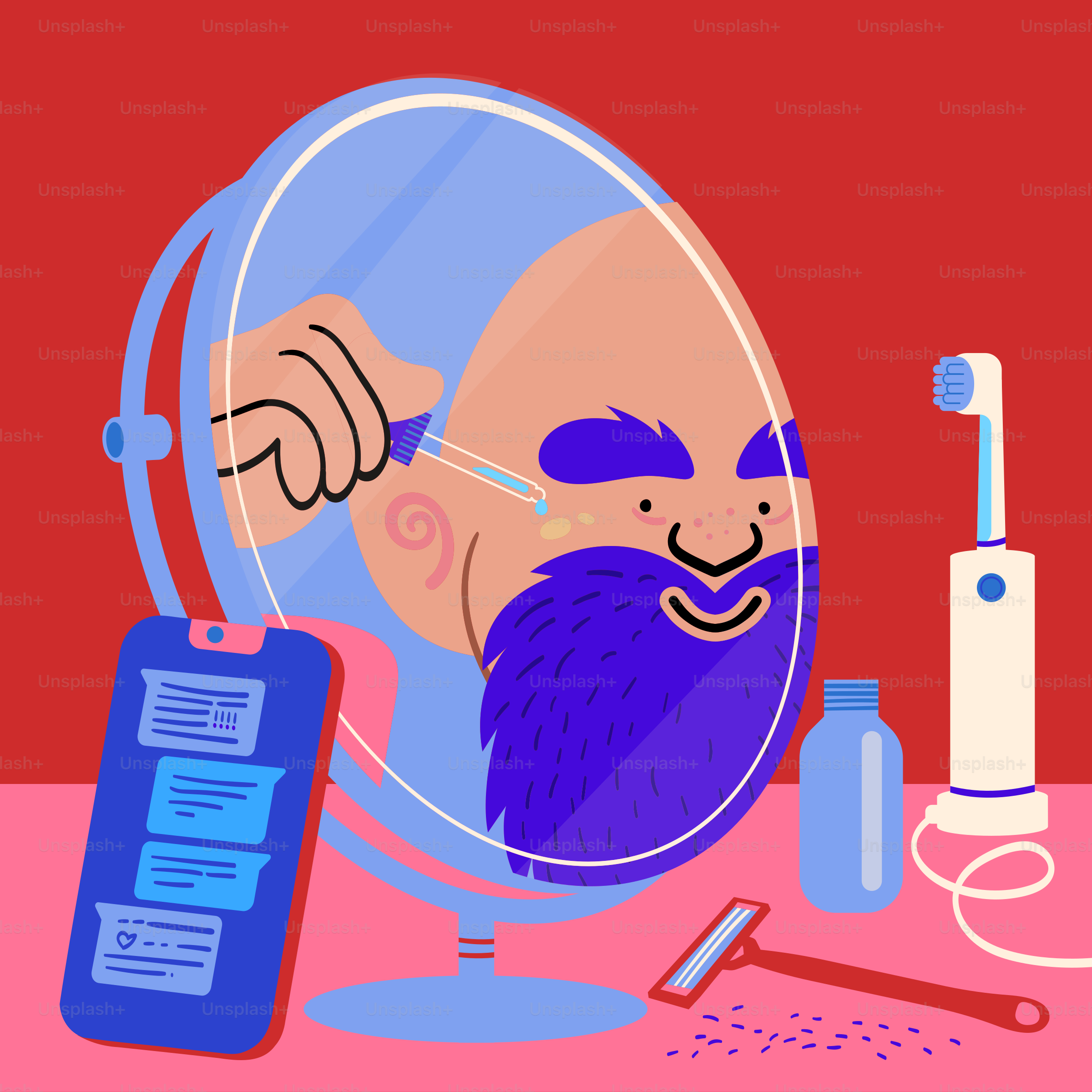A cartoon of a bearded man looking in a mirror