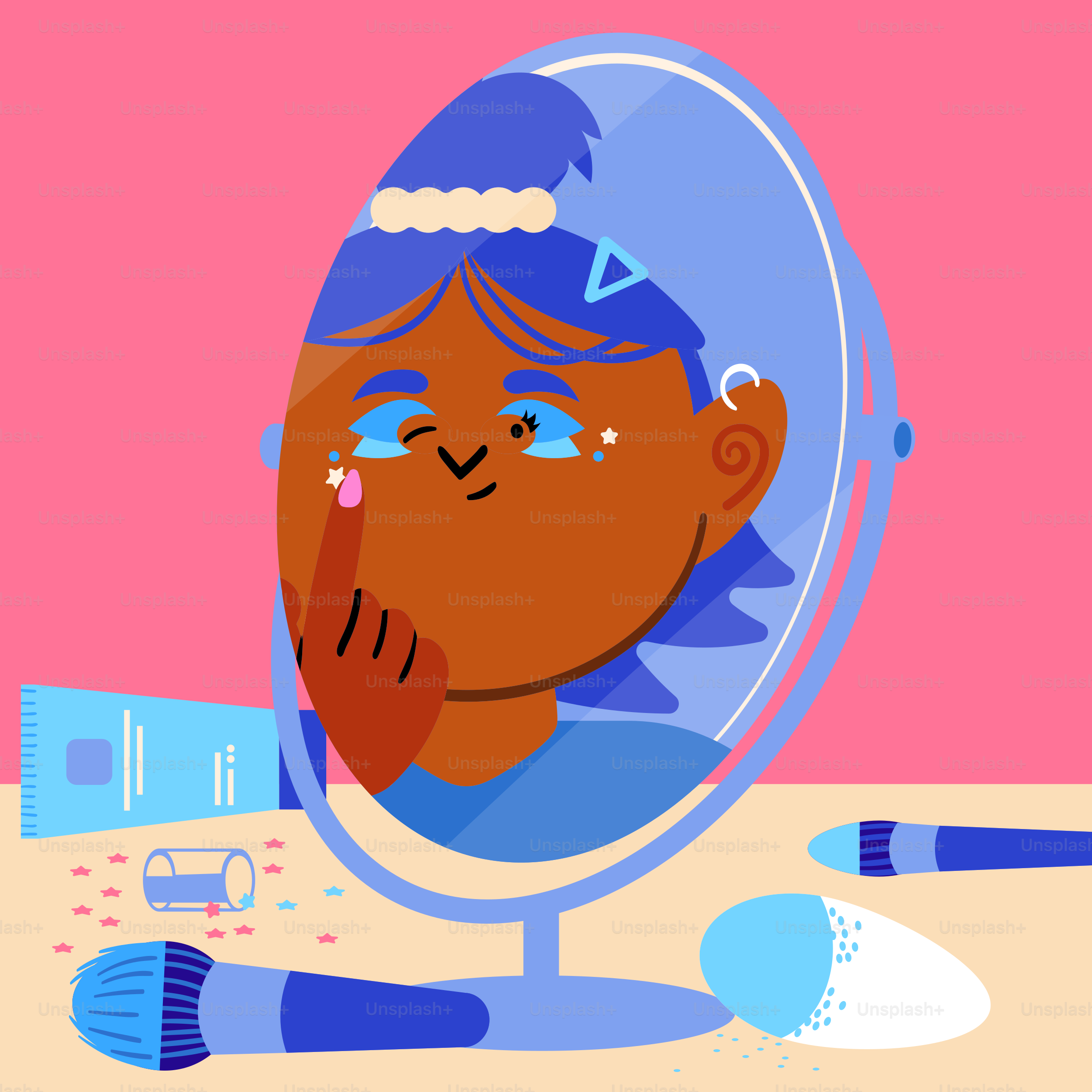 A cartoon of a girl looking at her reflection in a mirror