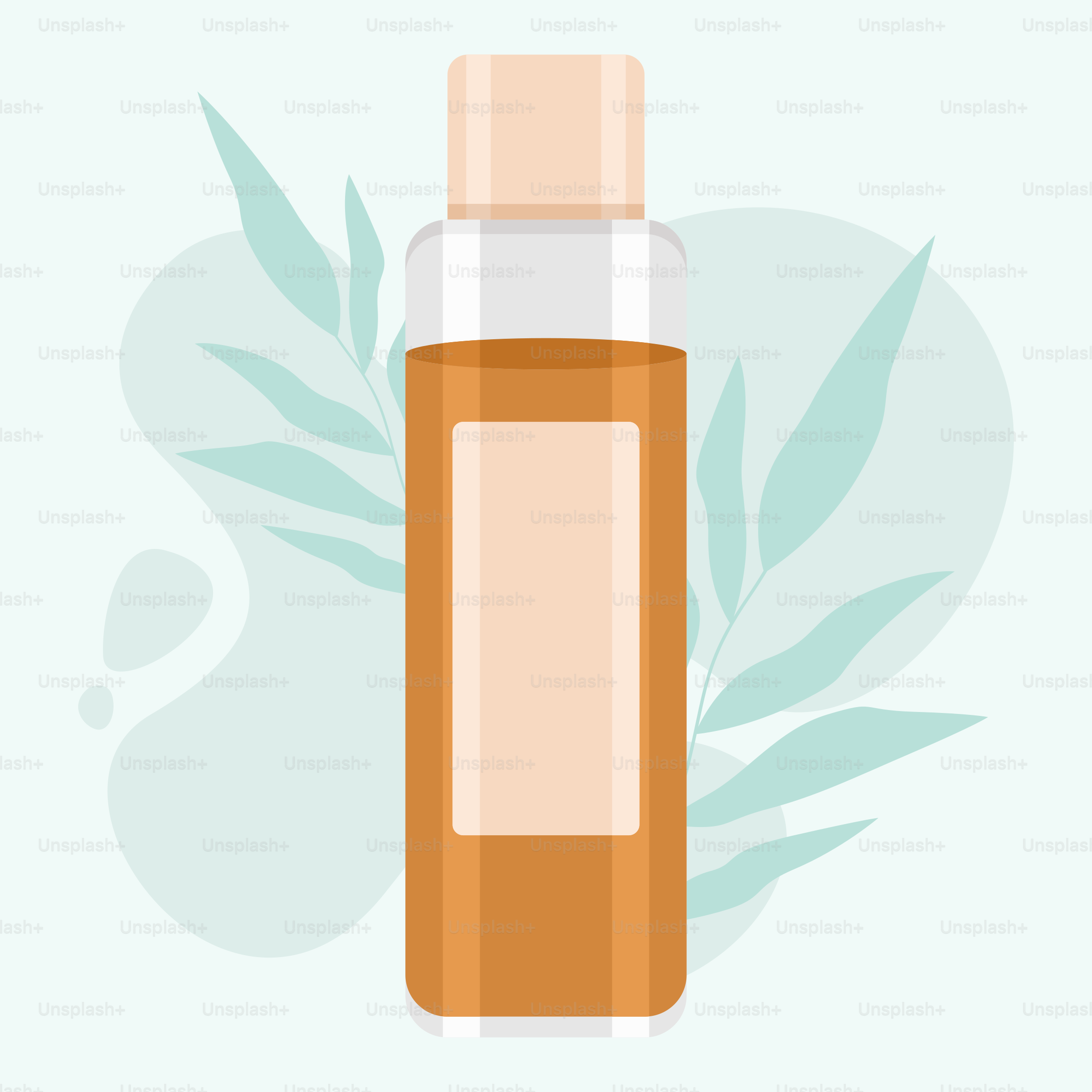 A bottle of liquid with leaves around it