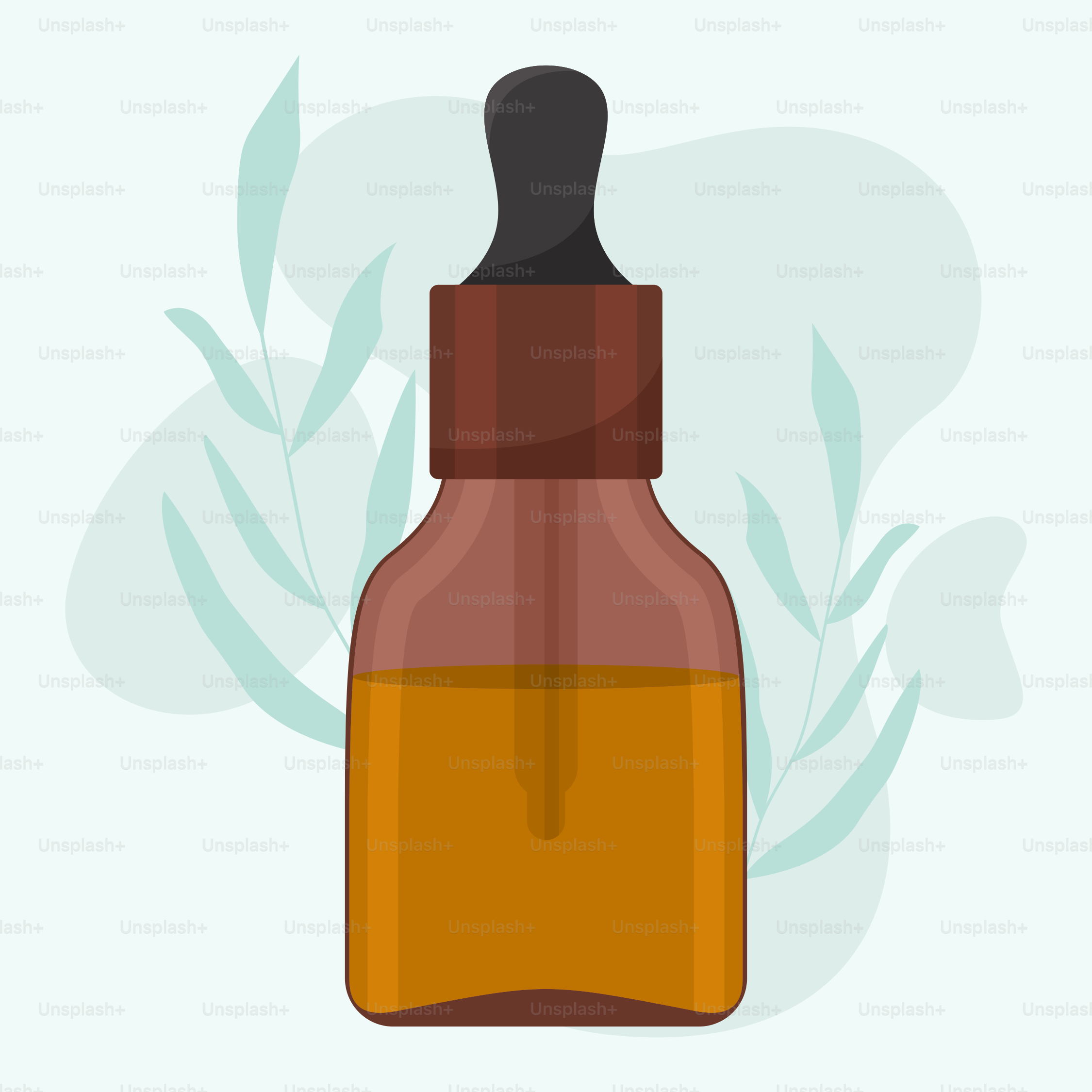 A bottle of brown liquid with a black cap