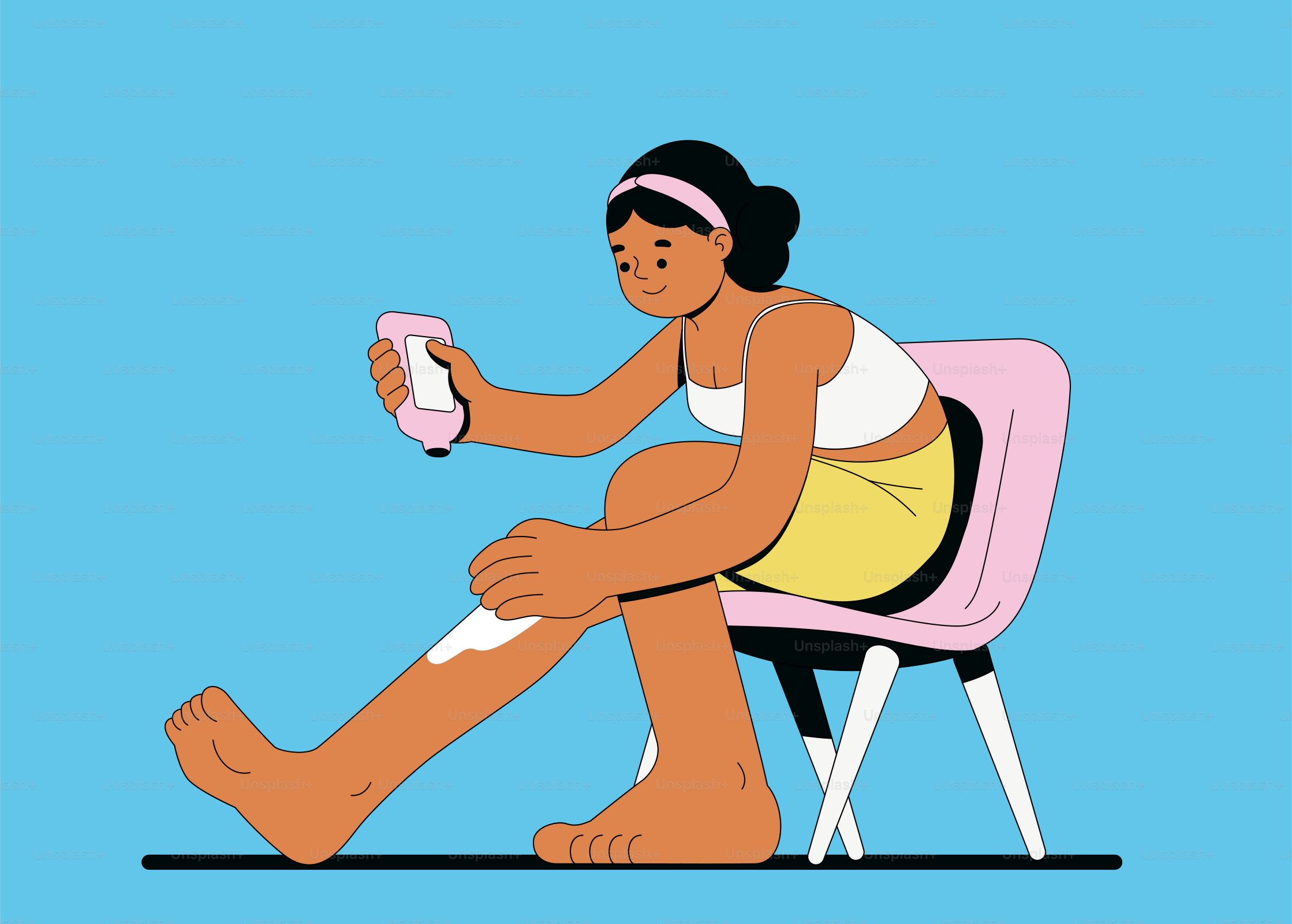 Eine Frau, die auf einem Stuhl sitzt und eine Flasche hält