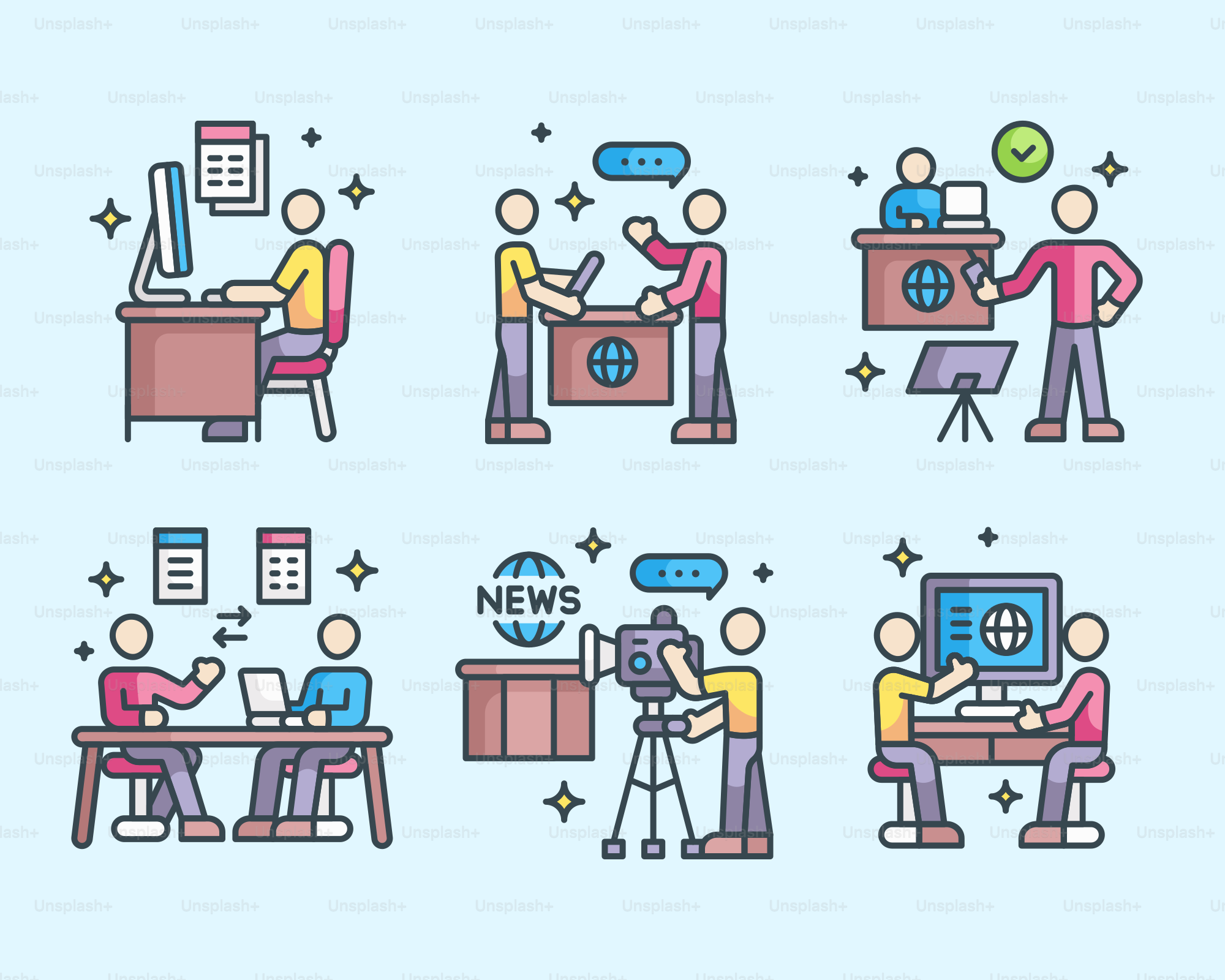 Eine Reihe von Illustrationen von Menschen, die an Computern arbeiten