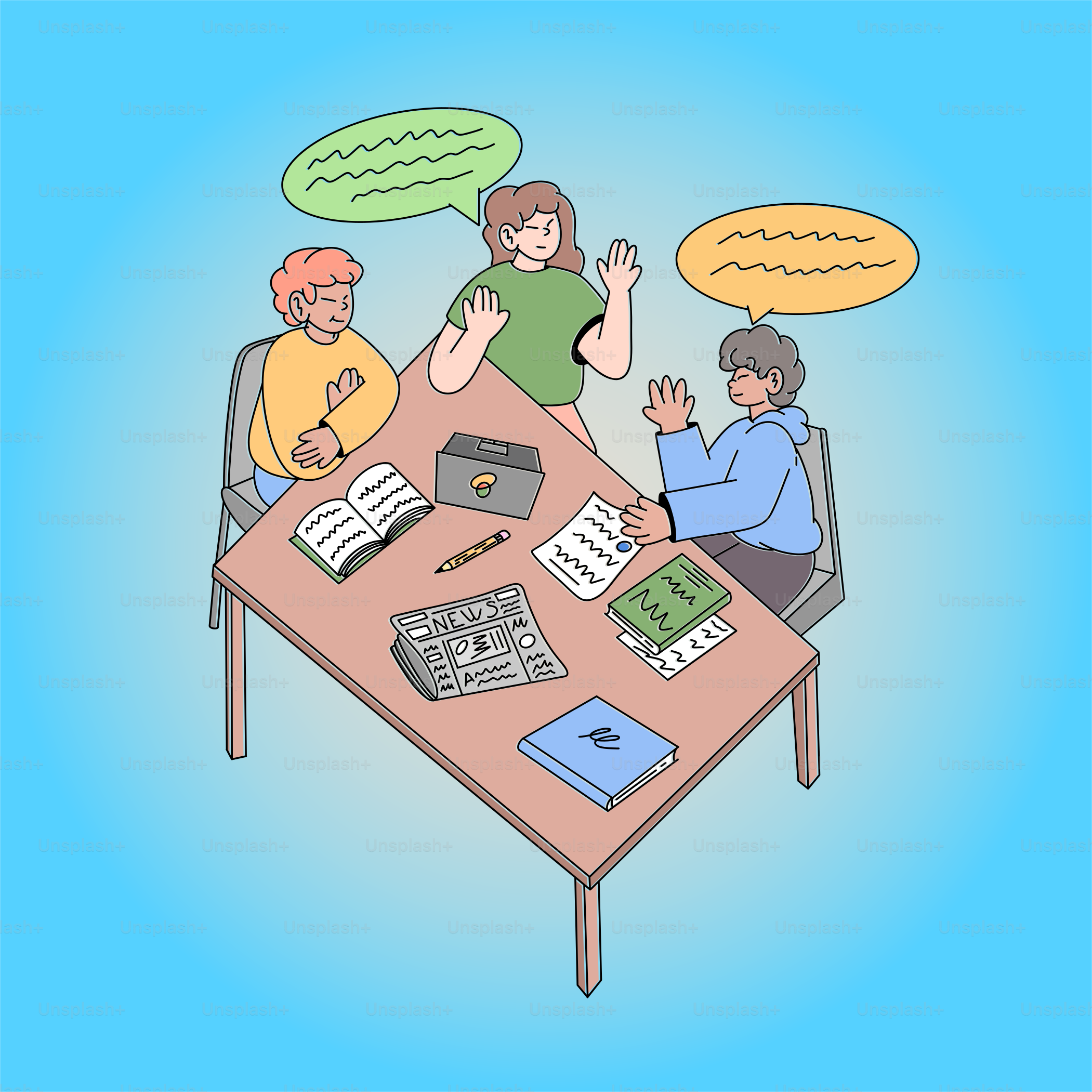 A group of people sitting around a wooden table