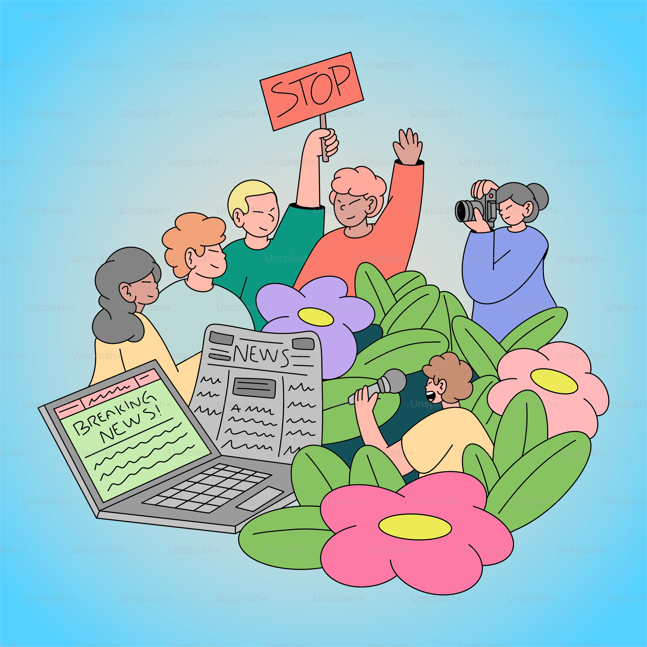 Un grupo de personas sosteniendo carteles y portátiles