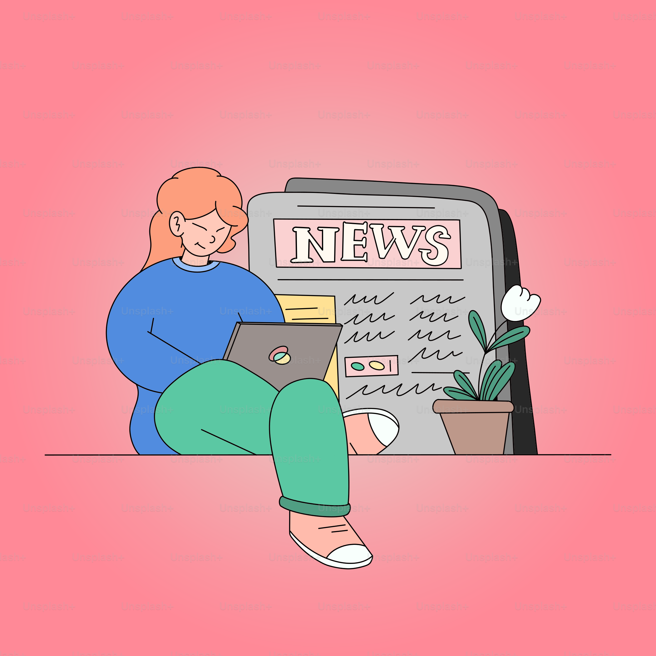 Una mujer sentada en el suelo mirando un periódico