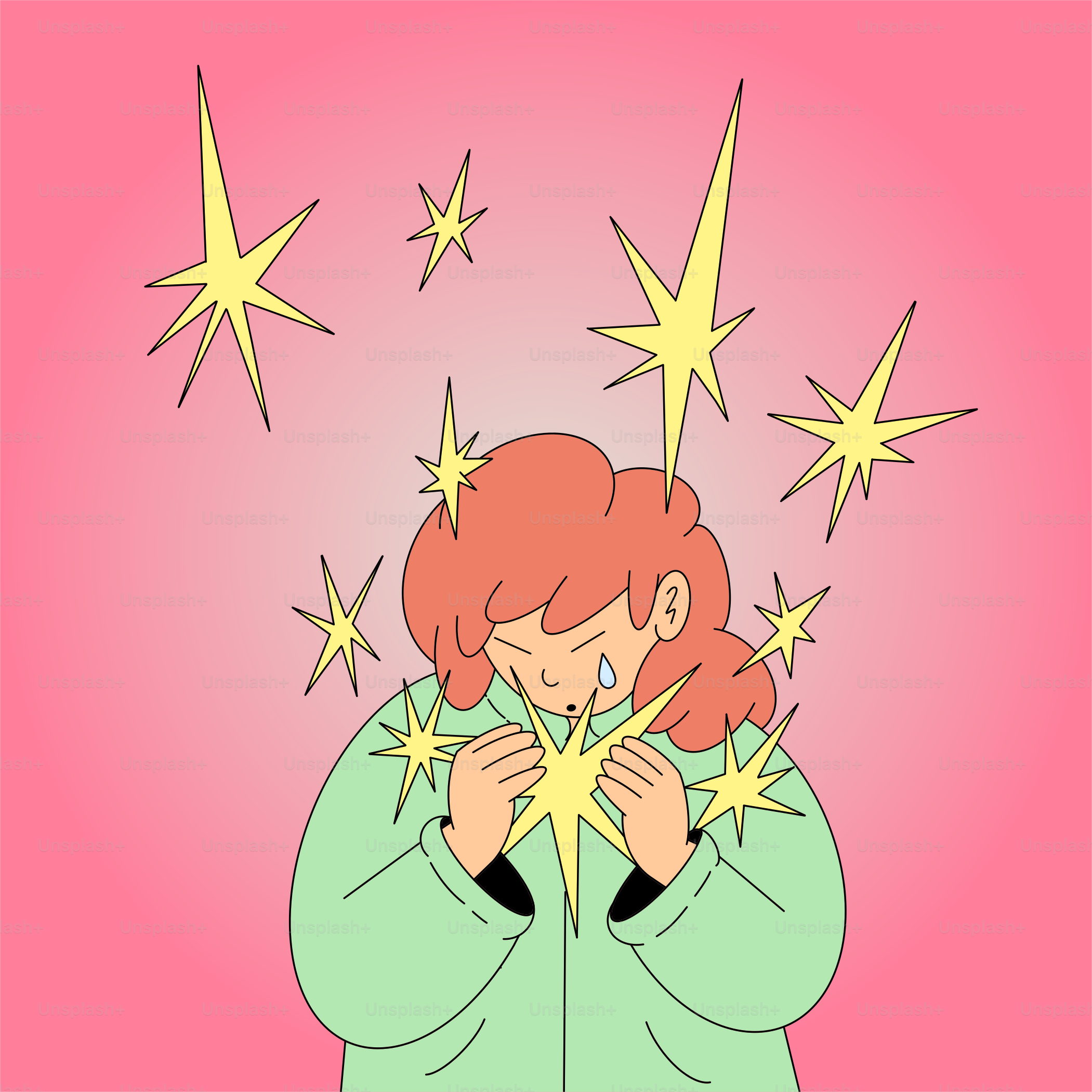 Eine Frau, die die Hände vor ihr Gesicht hält, während Sterne aus ihren Ohren kommen