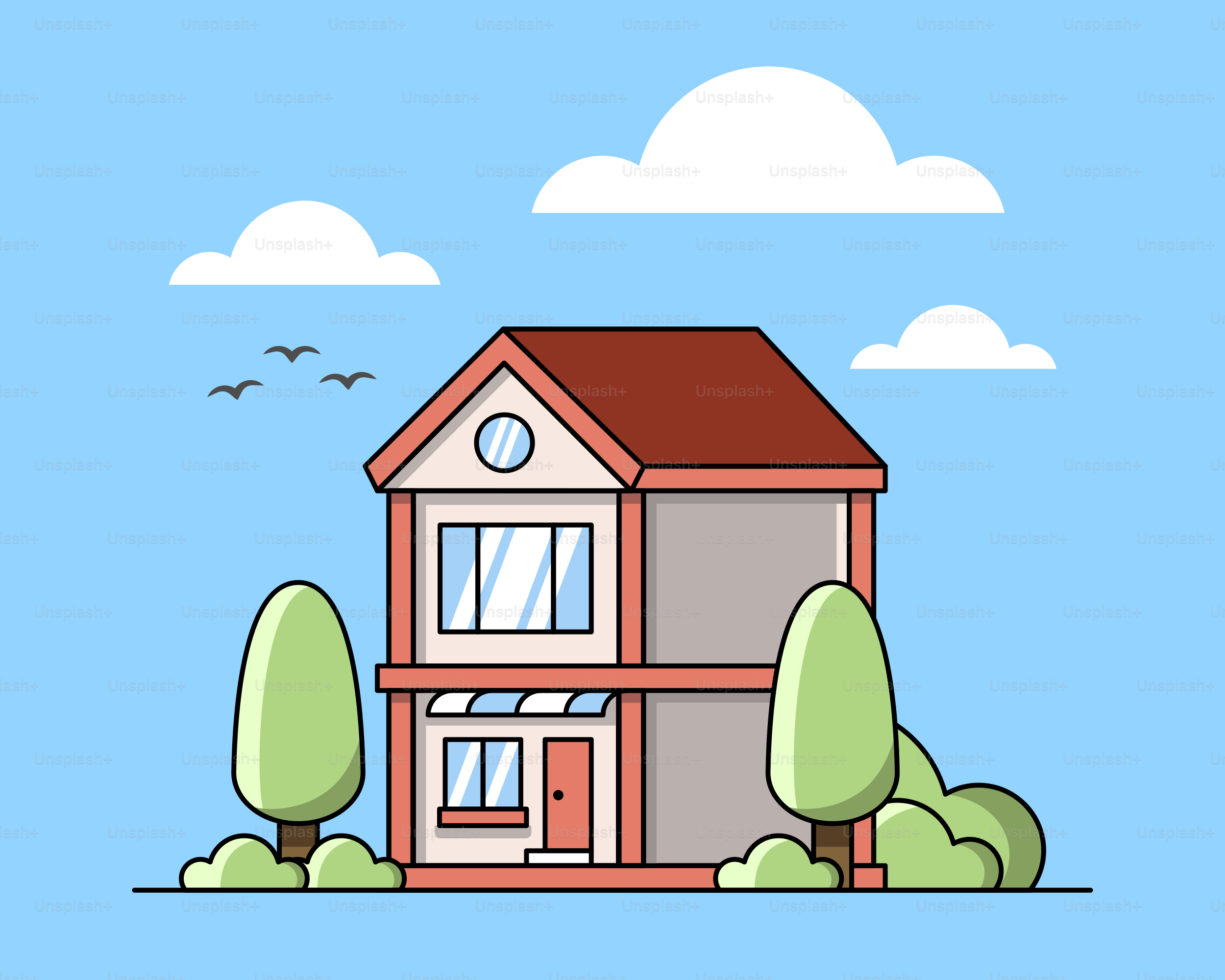 A house with trees and clouds in the background