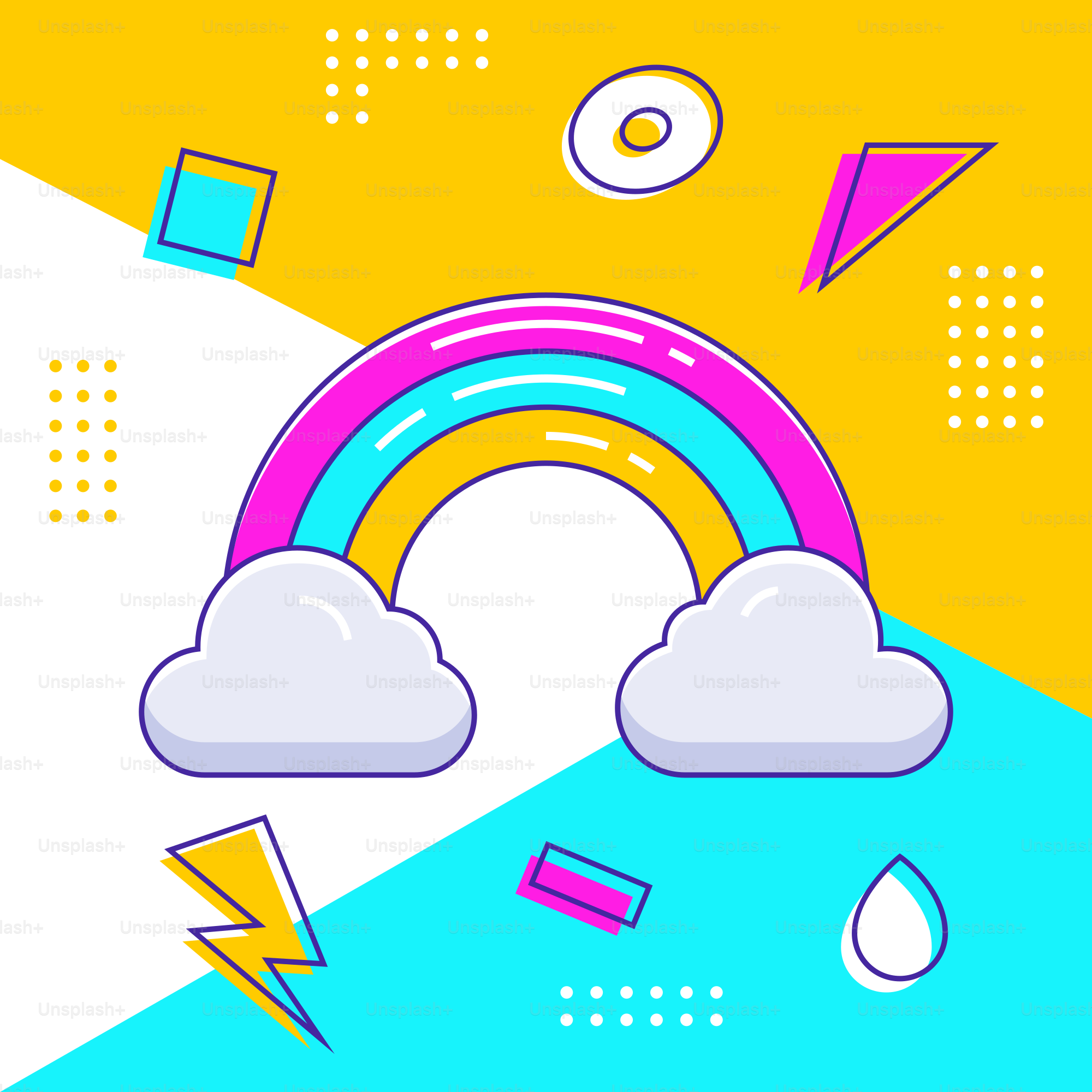 A rainbow with clouds and lightnings on a yellow and blue background