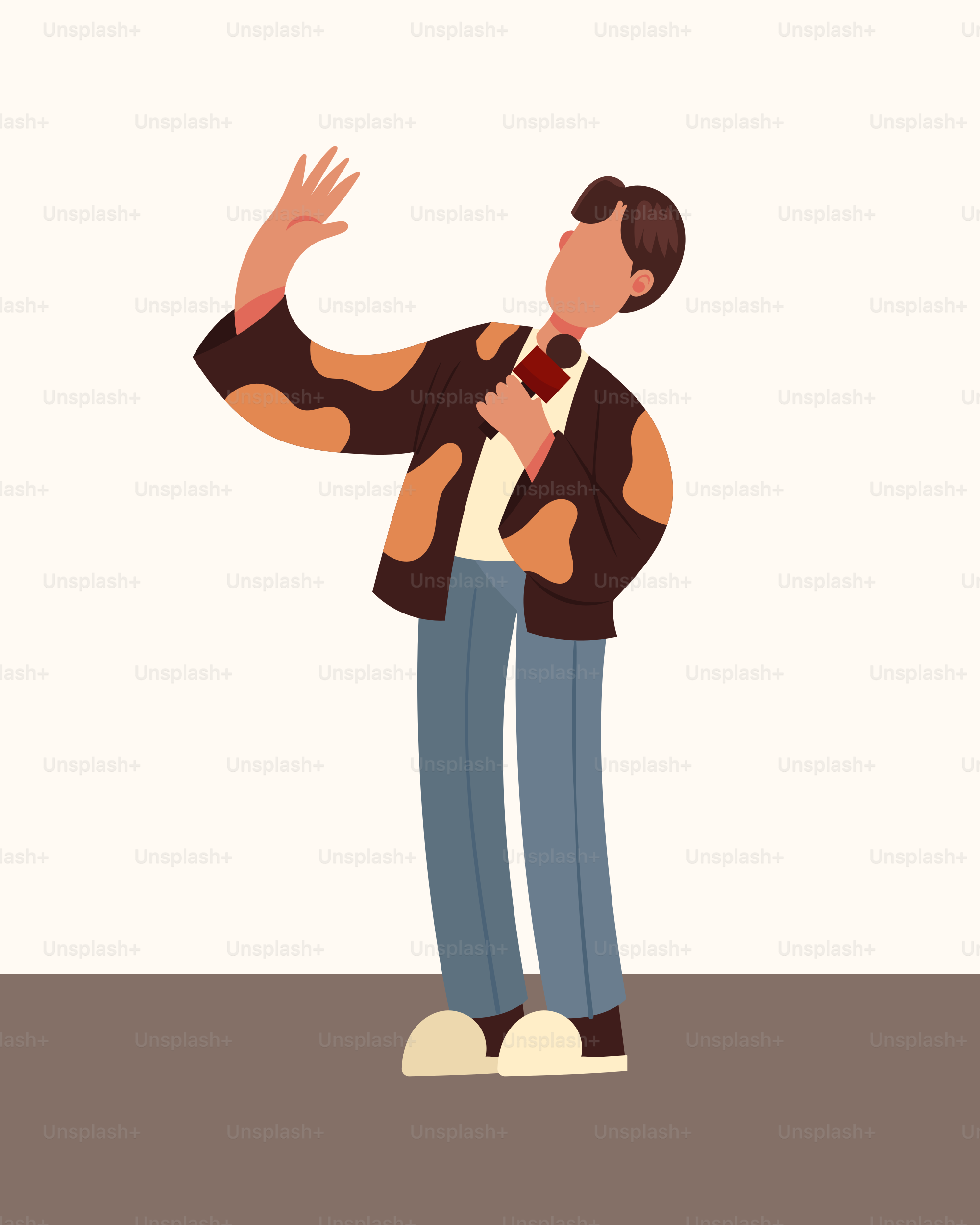 A man in a brown and black jacket singing into a microphone