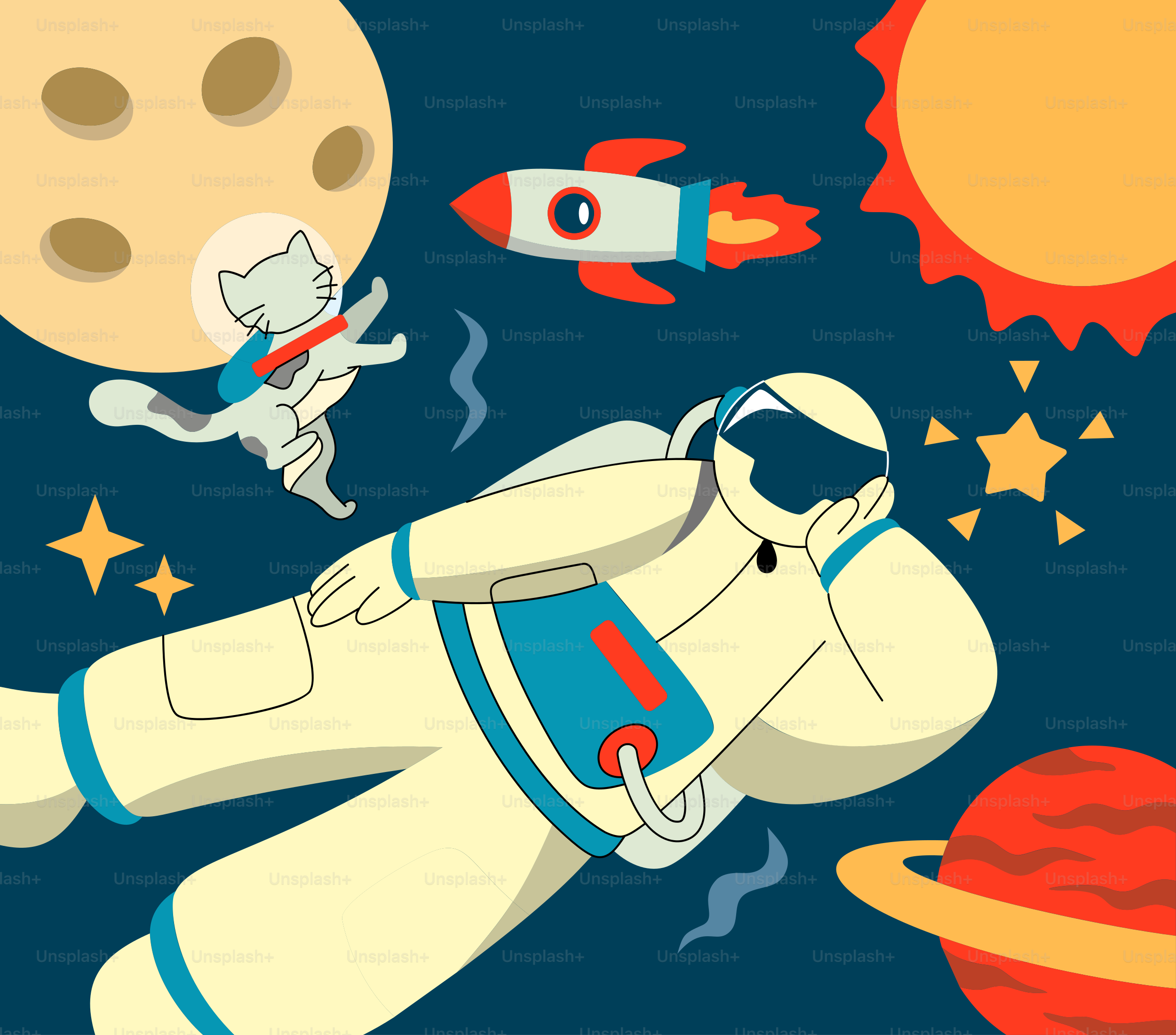 An astronaut floating in space next to a rocket