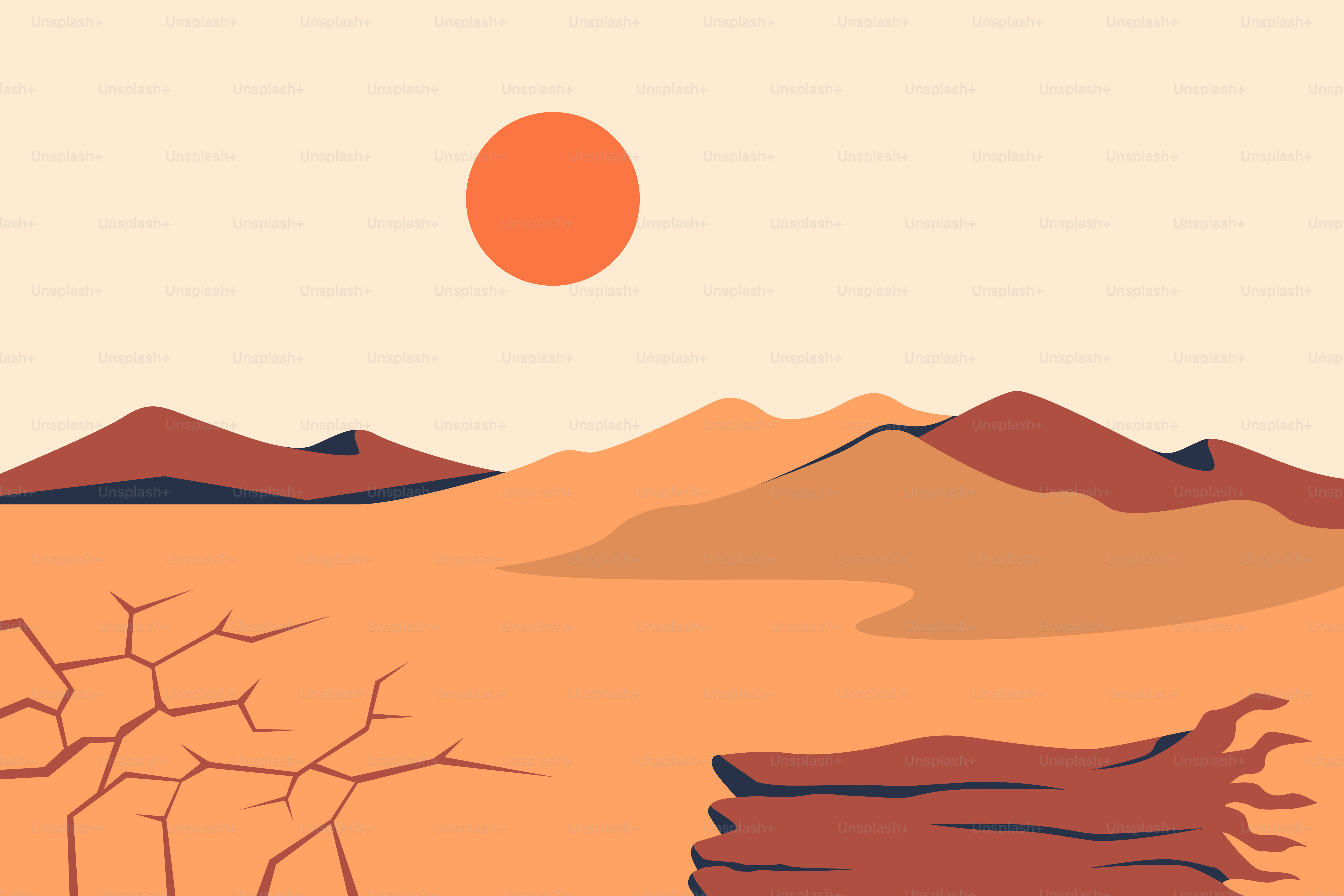 Un paysage désertique avec des montagnes et un soleil