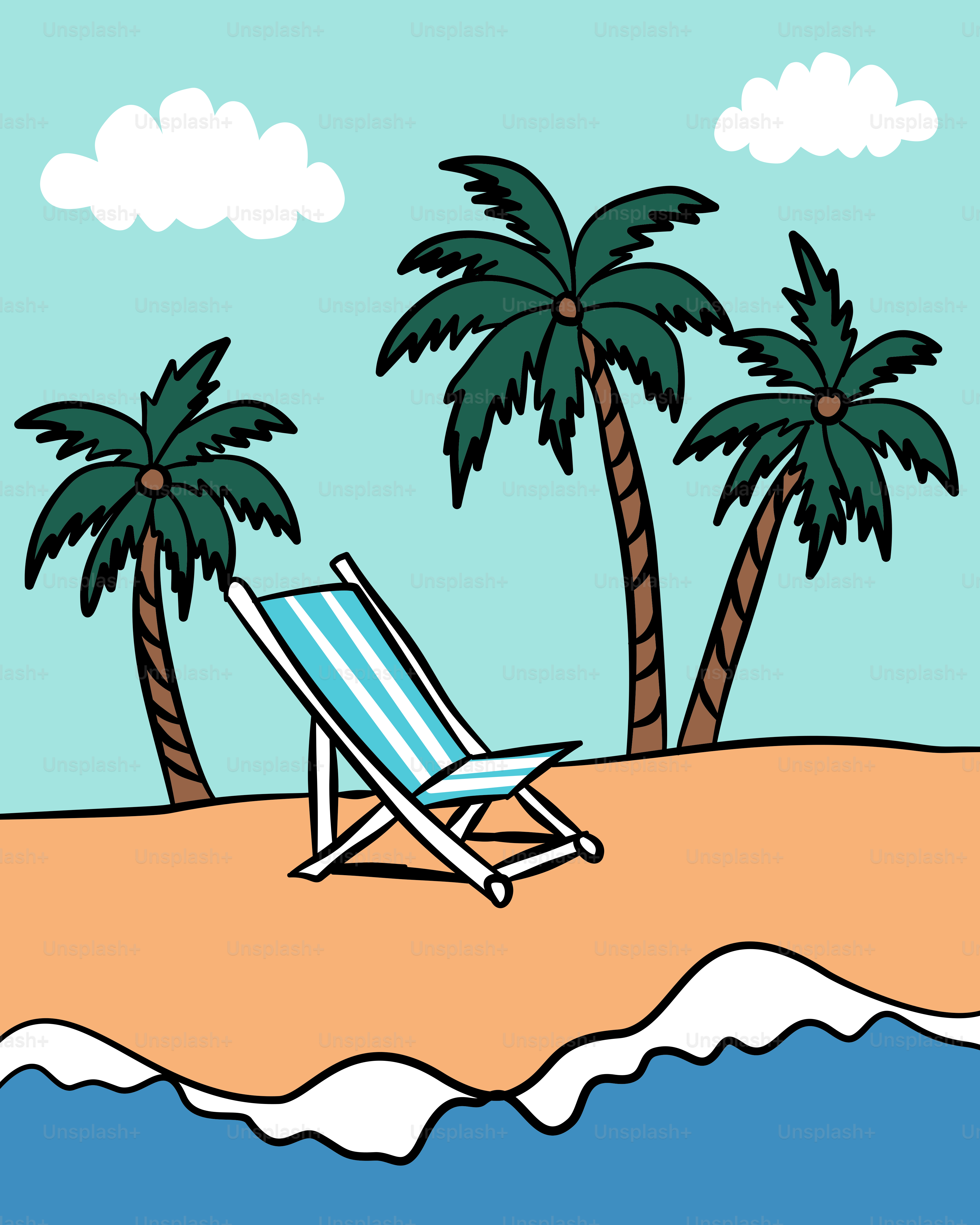 A beach scene with a chair and palm trees vector – Beach Image on Unsplash, image size:3000x3750