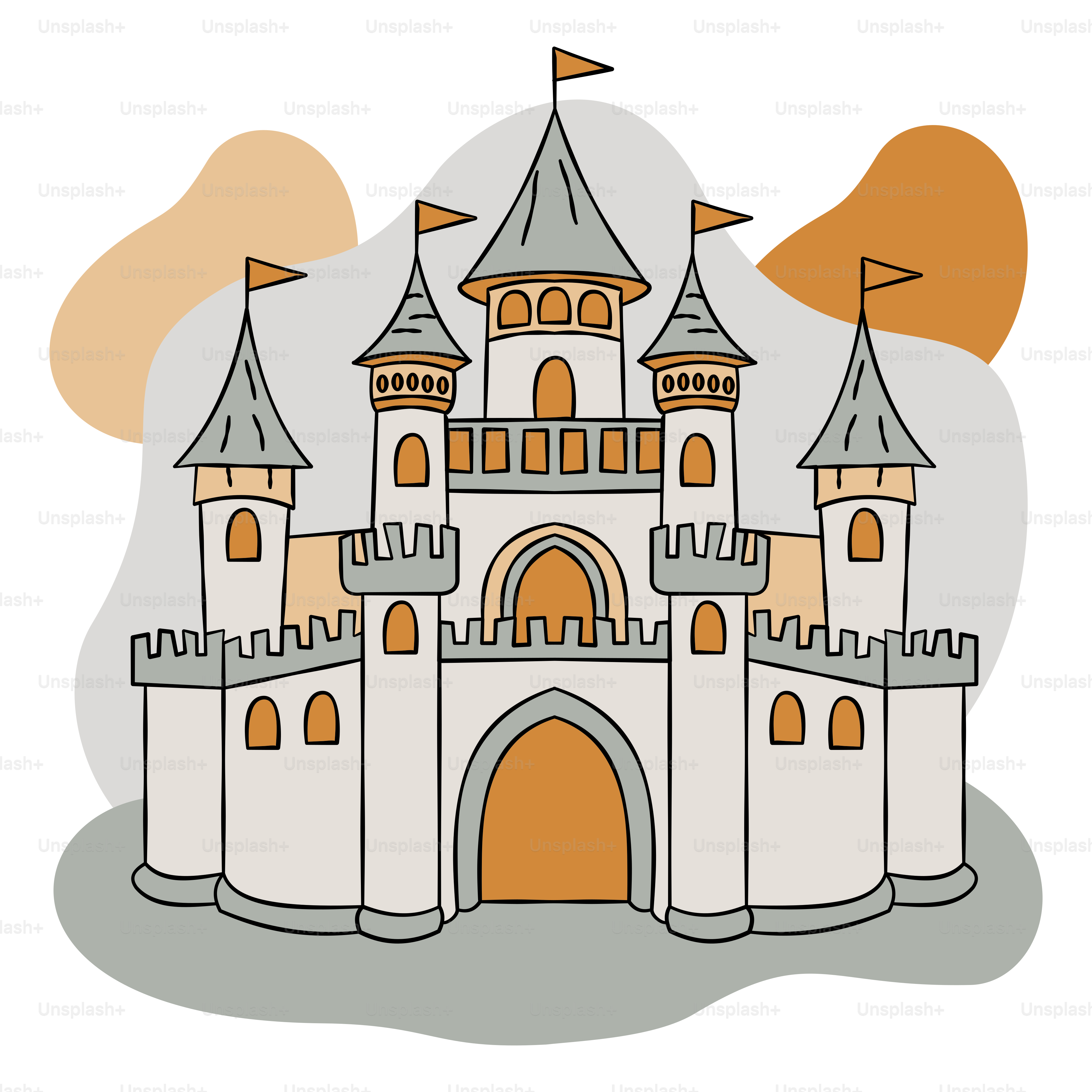 A drawing of a castle with a flag on top of it