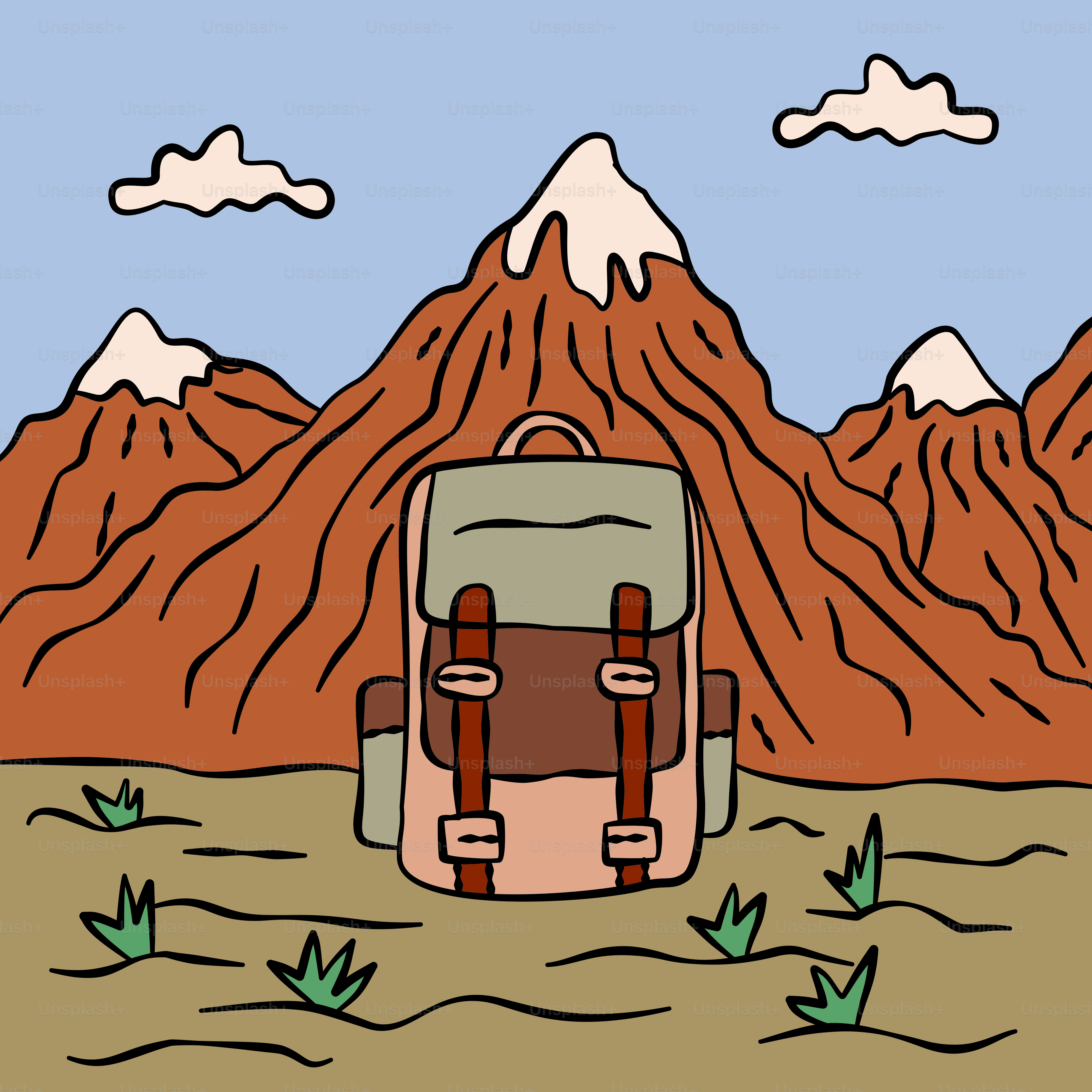 A drawing of a backpack in front of a mountain