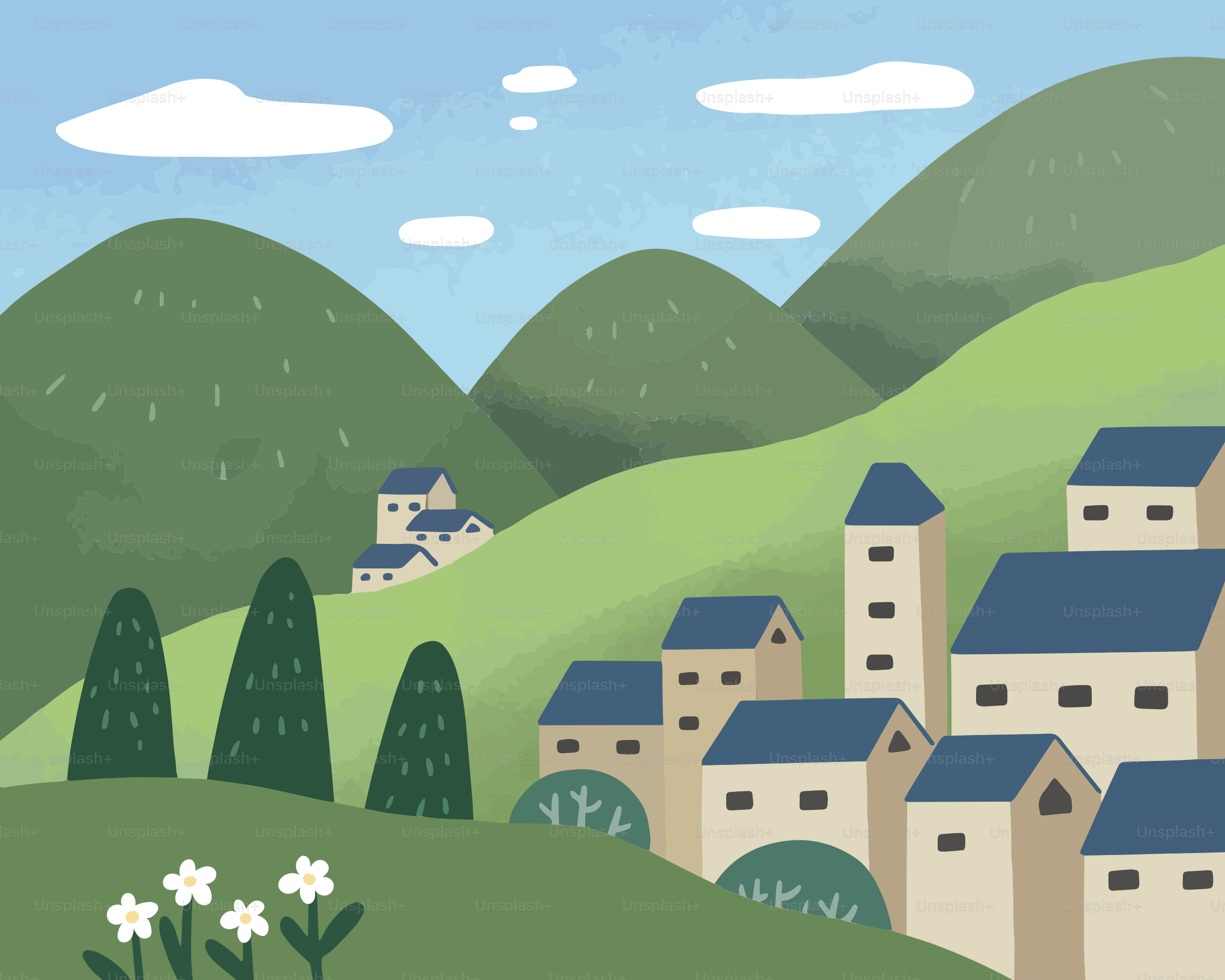 A painting of a village in the mountains