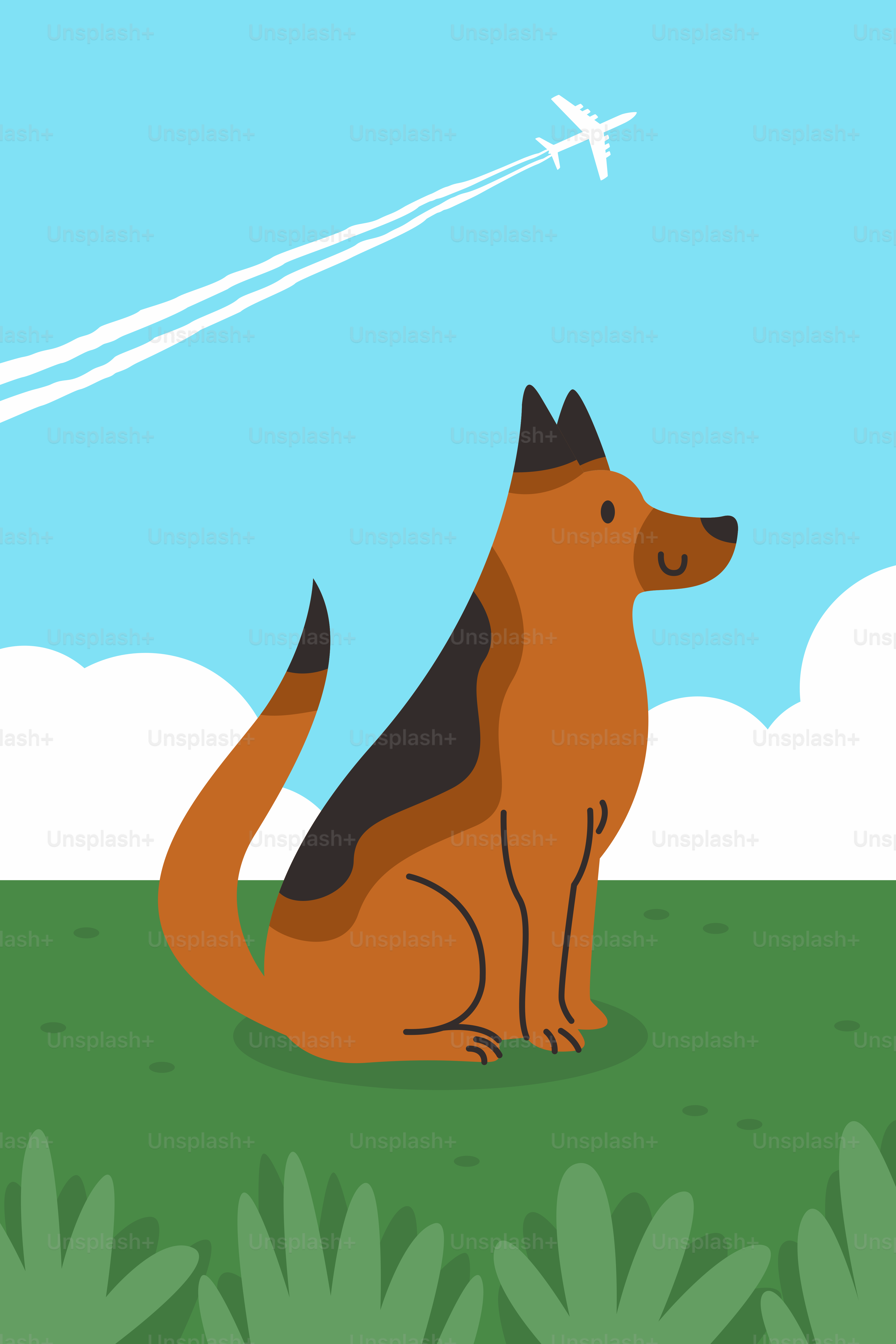 A dog sitting in the grass with a plane flying in the sky