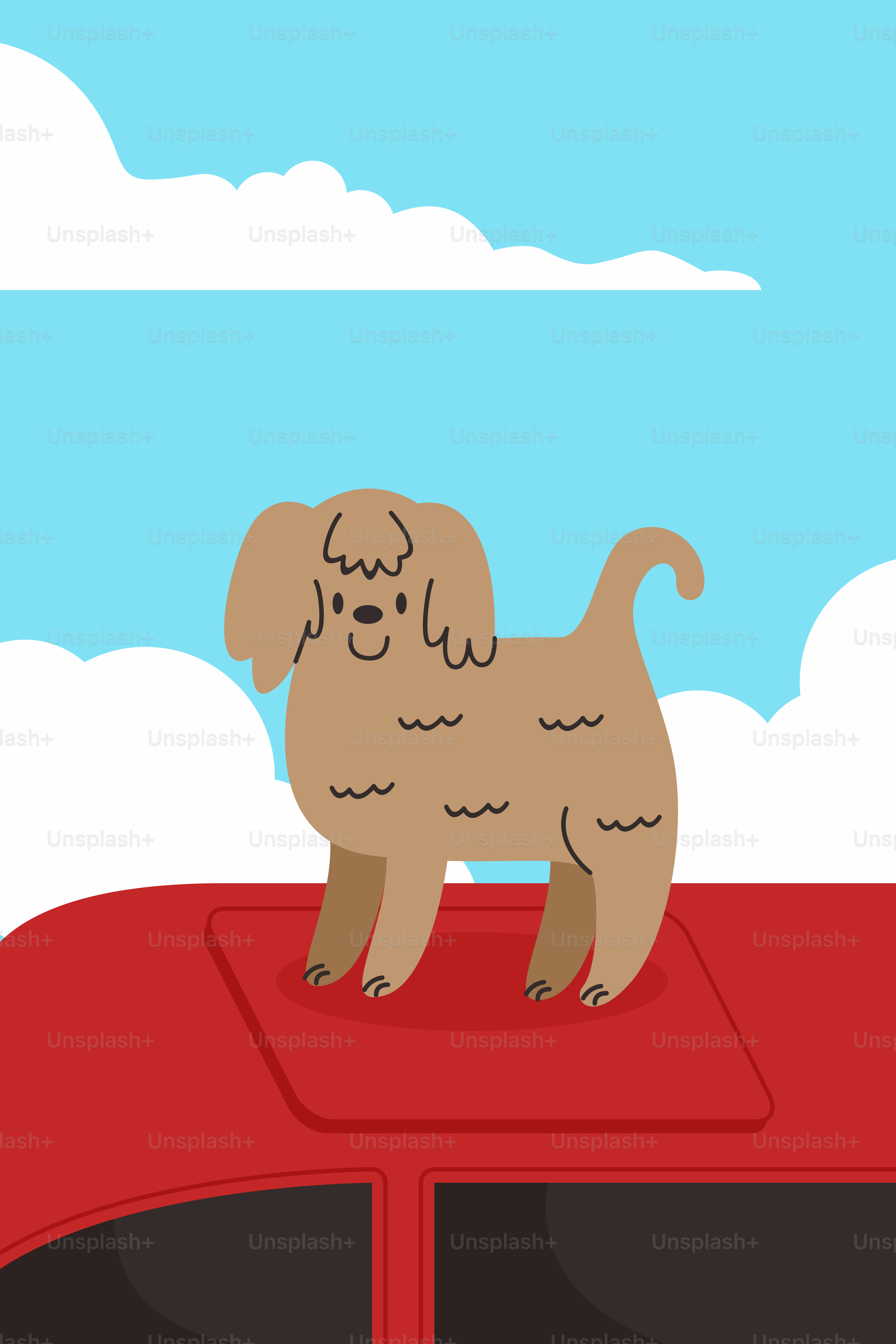 A brown dog standing on top of a red car