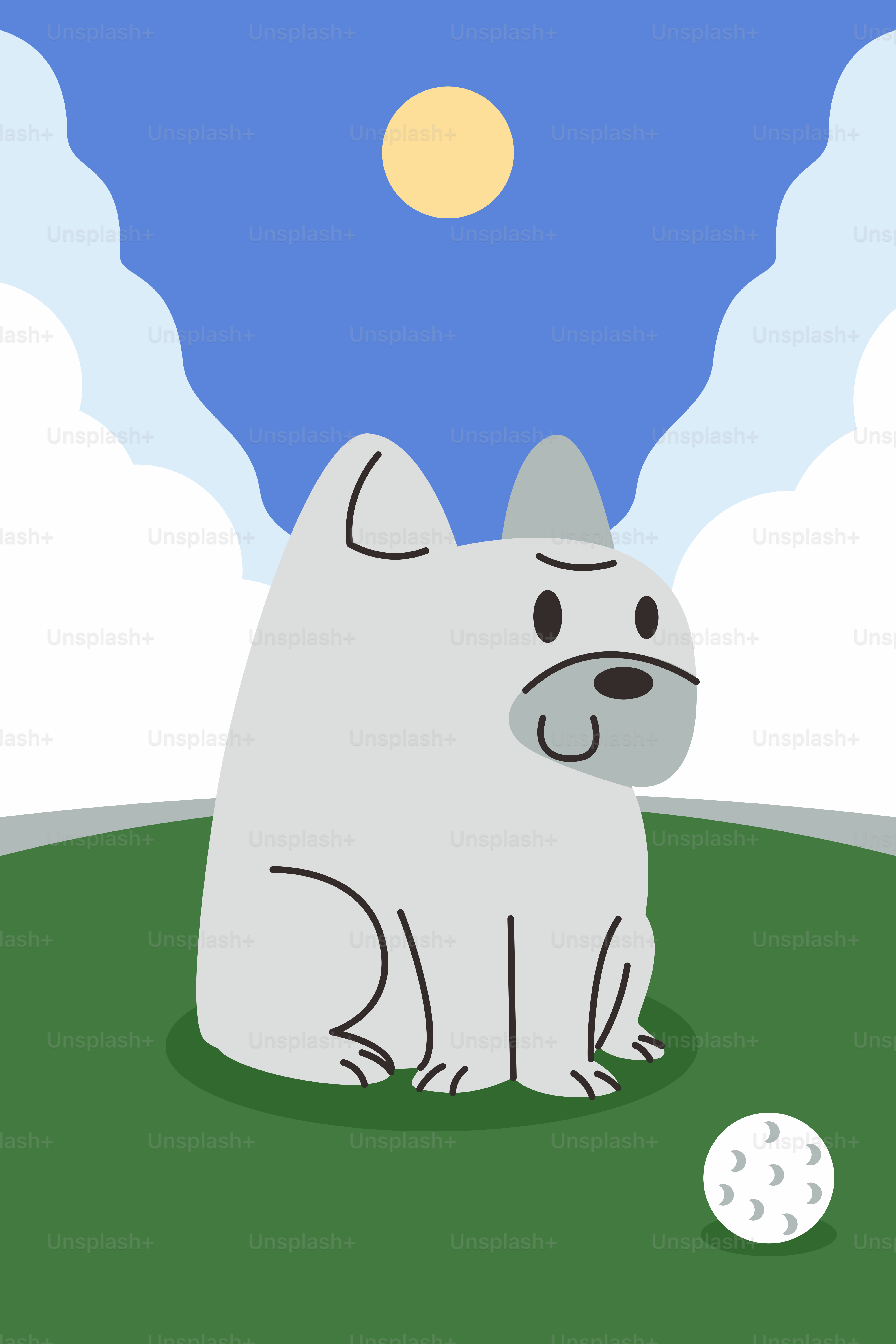 A dog is sitting in the grass with a golf ball