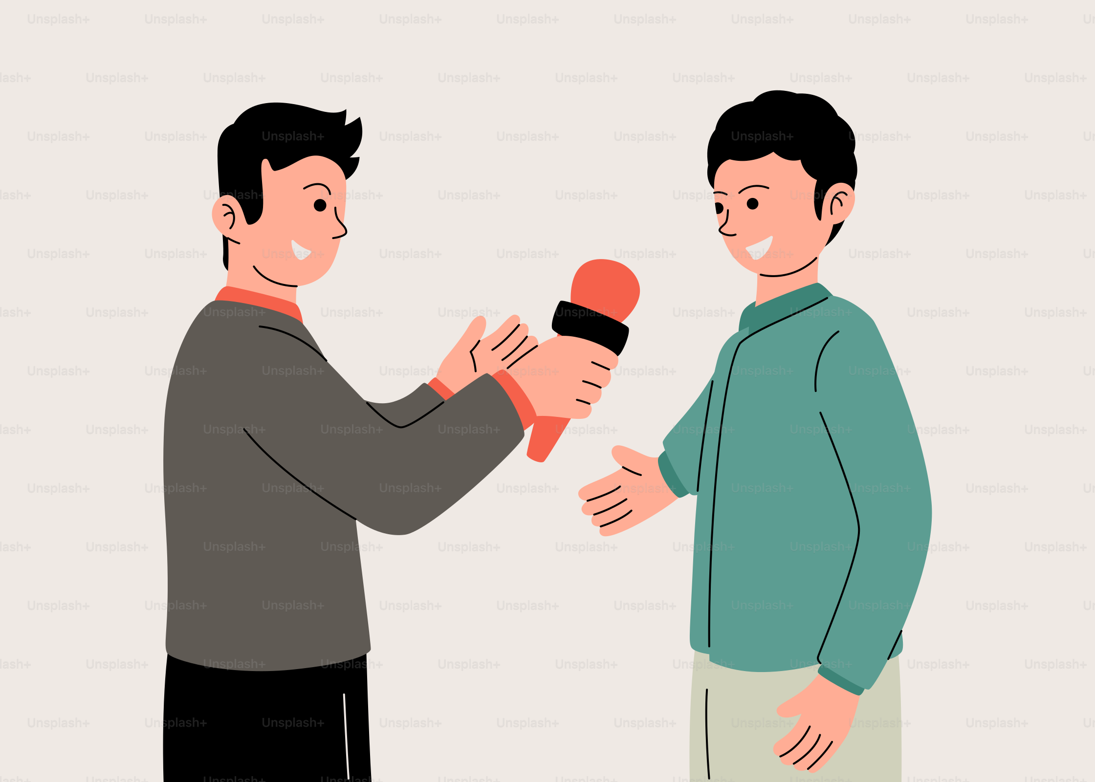 A man holding a microphone talking to another man