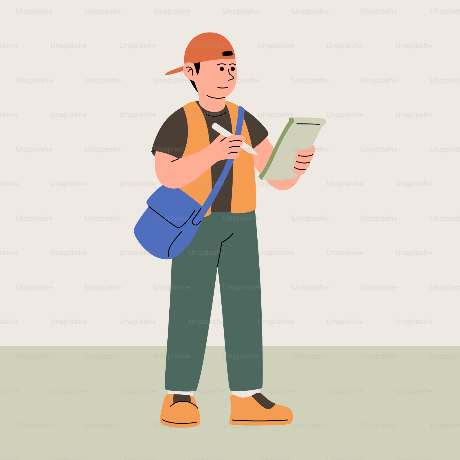 Ein Mann mit einem Rucksack hält ein Klemmbrett in der Hand